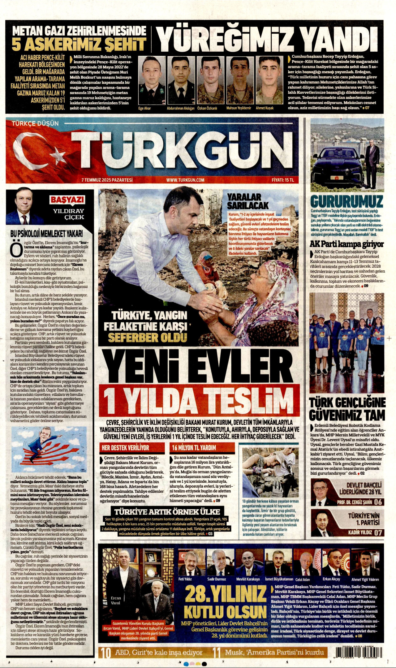 TÜRKGÜN gazetesinin 7 Temmuz 2025 tarihli birinci sayfası