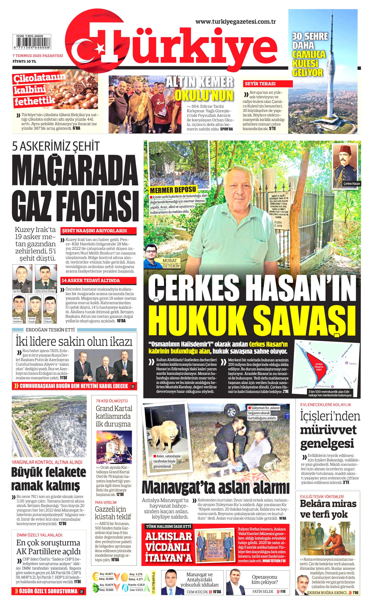 TÜRKİYE GAZETESİ gazetesinin 7 Temmuz 2025 tarihli birinci sayfası