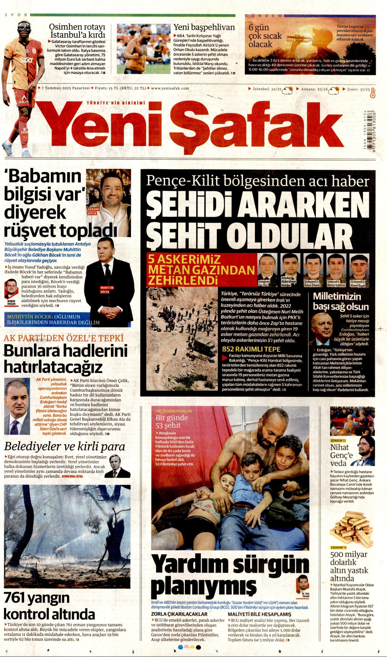 YENİ ŞAFAK gazetesinin 7 Temmuz 2025 tarihli birinci sayfası
