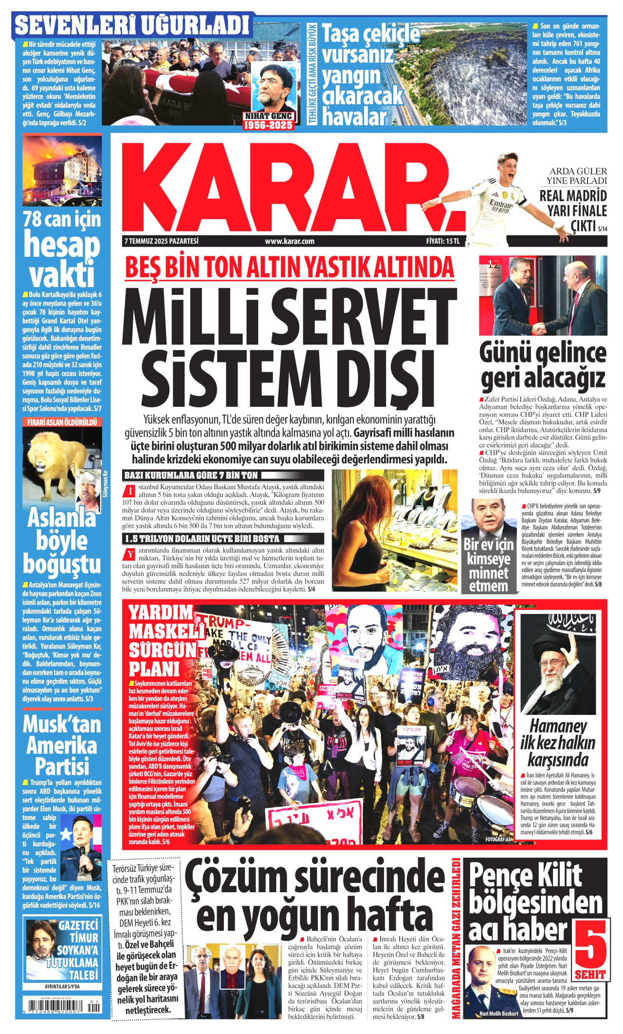 KARAR gazetesinin 7 Temmuz 2025 tarihli birinci sayfası