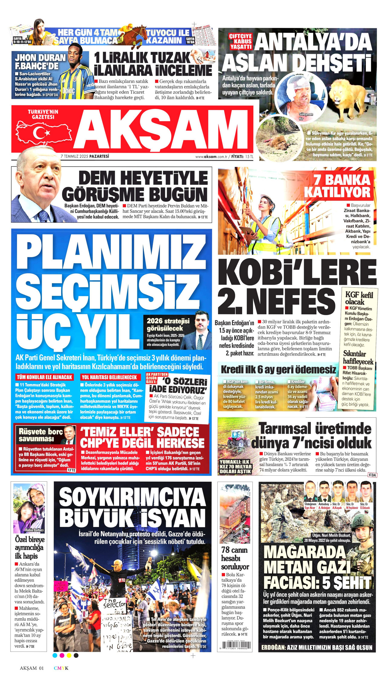 AKŞAM gazetesinin 7 Temmuz 2025 tarihli birinci sayfası