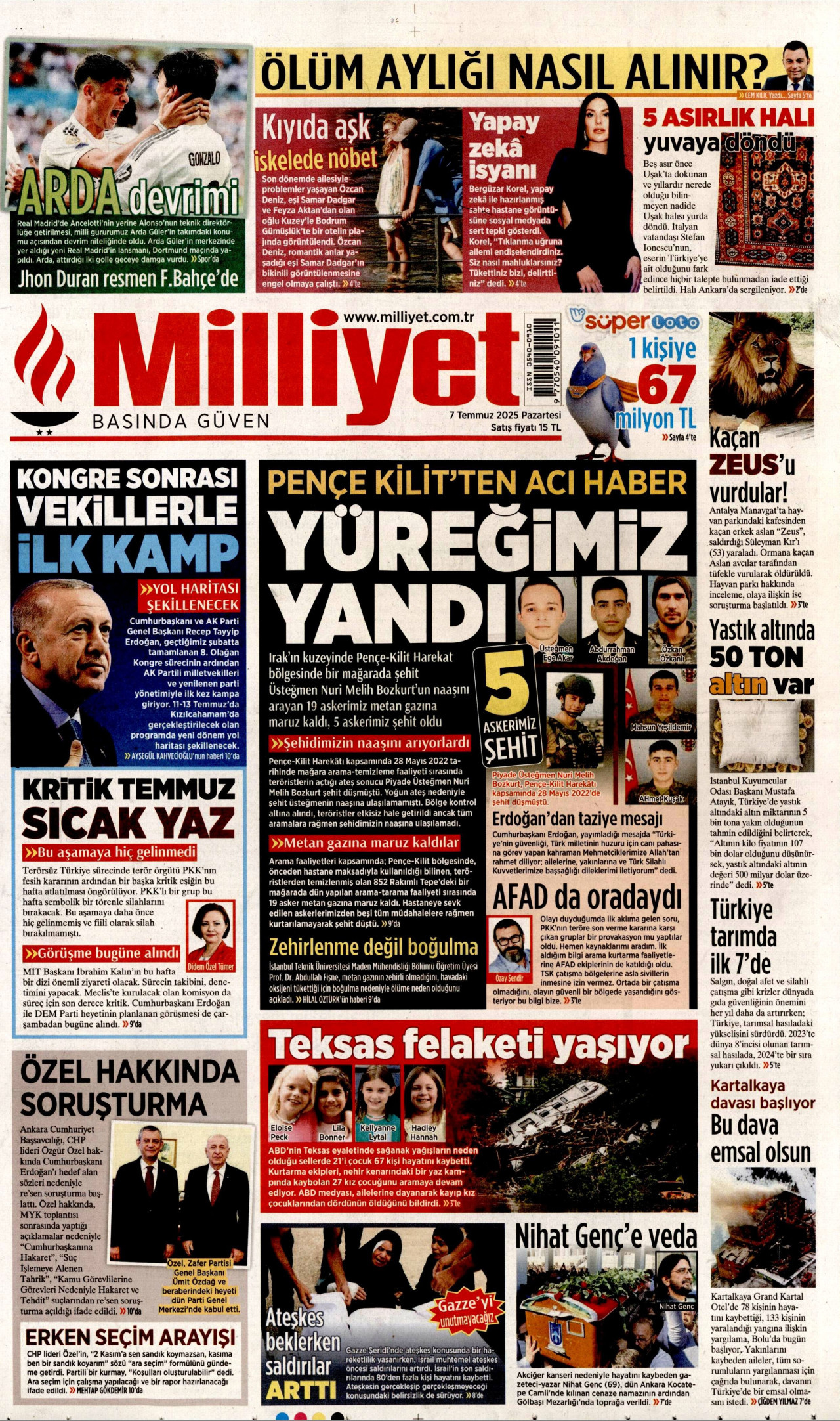 MİLLİYET gazetesinin 7 Temmuz 2025 tarihli birinci sayfası