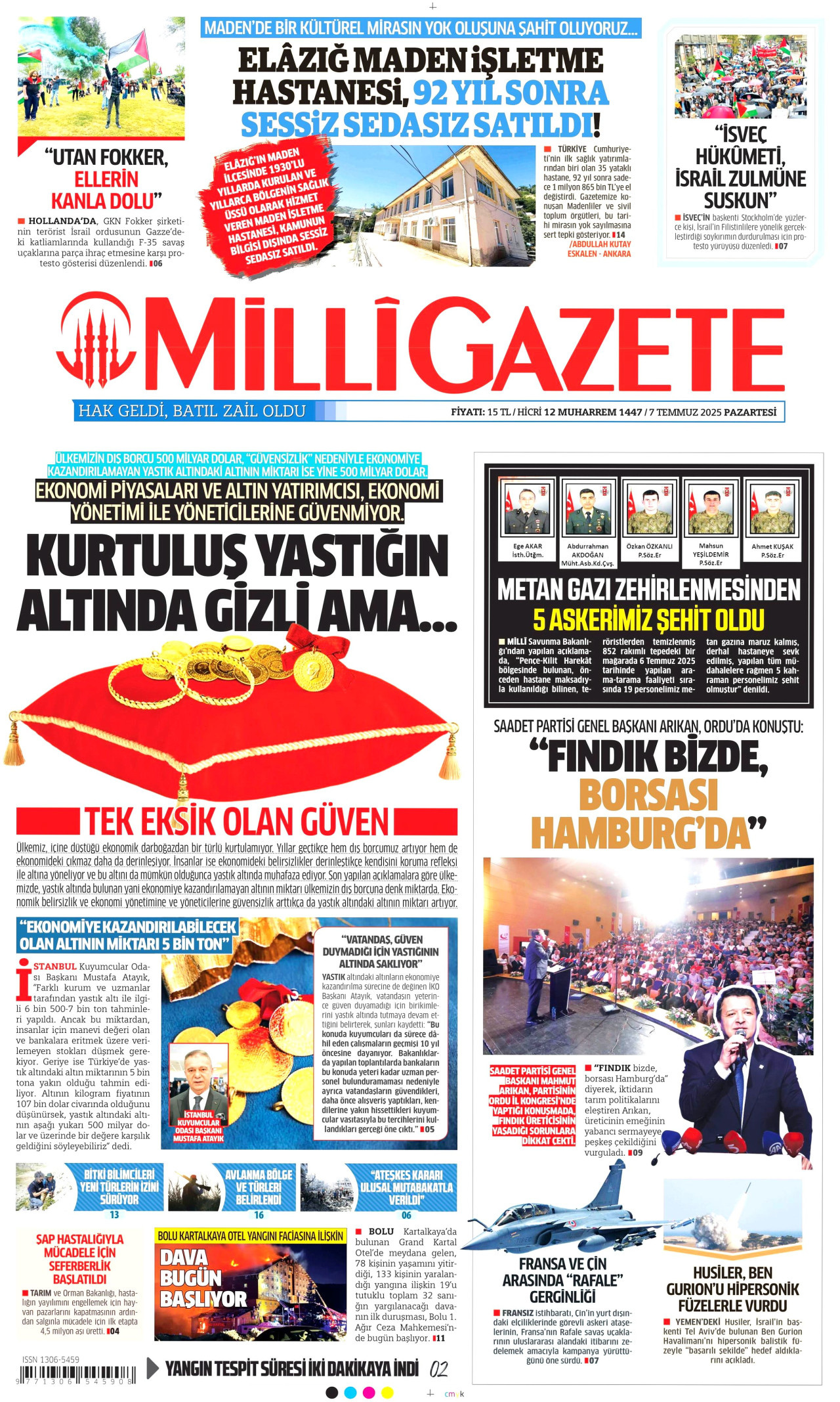 MİLLİ GAZETE gazetesinin 7 Temmuz 2025 tarihli birinci sayfası
