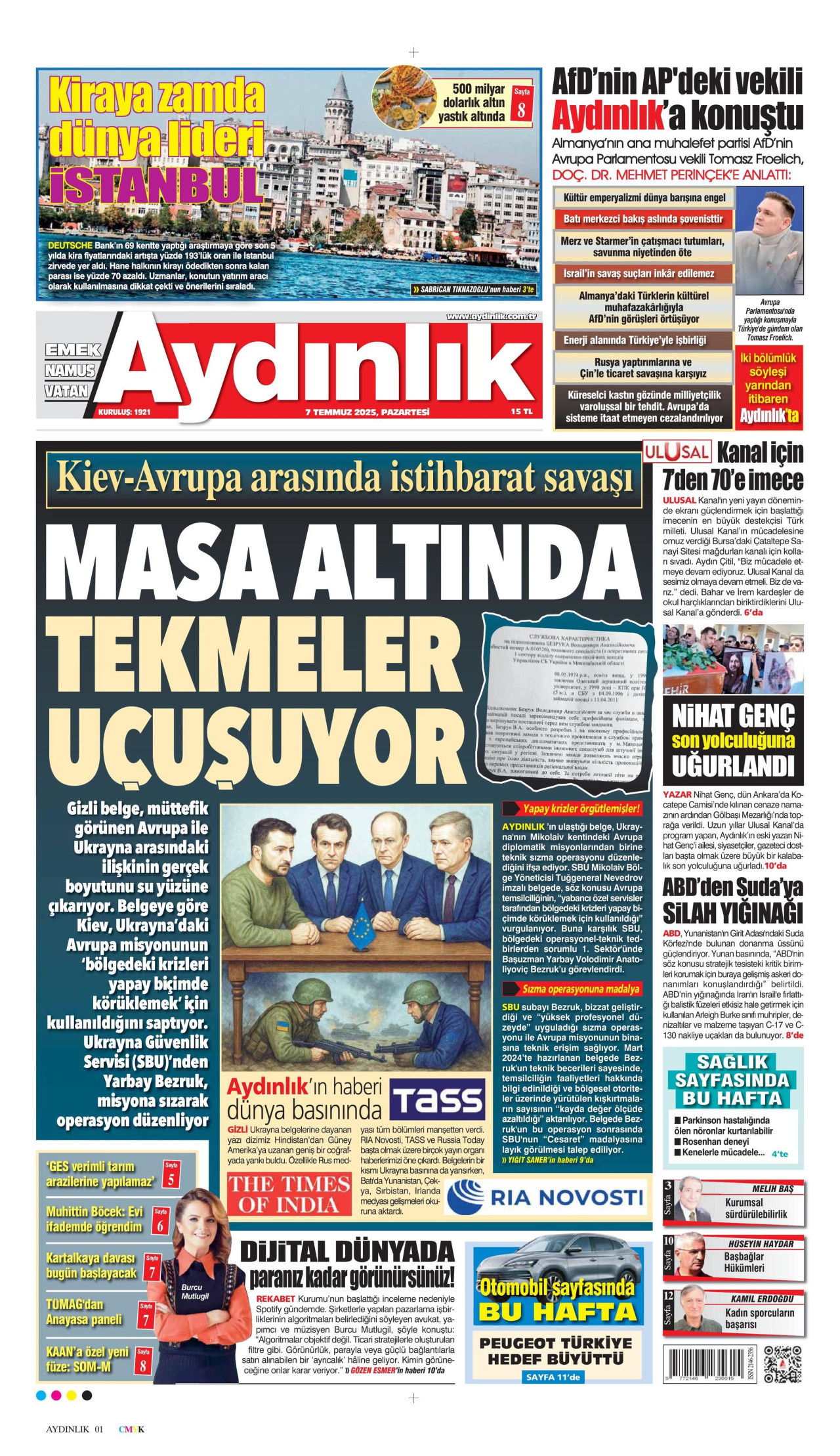 AYDINLIK GAZETESİ gazetesinin 7 Temmuz 2025 tarihli birinci sayfası