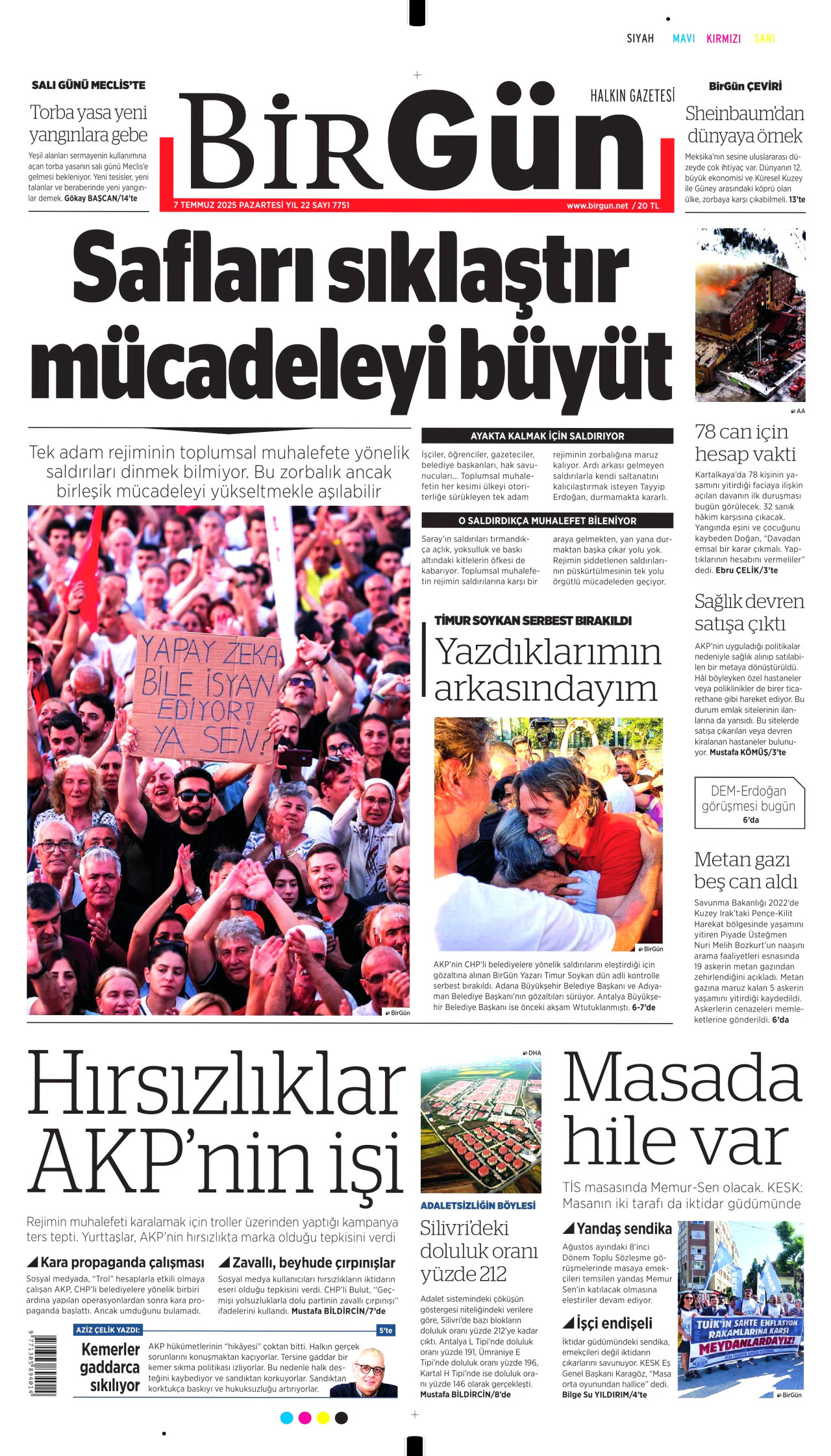 BİRGÜN gazetesinin 7 Temmuz 2025 tarihli birinci sayfası