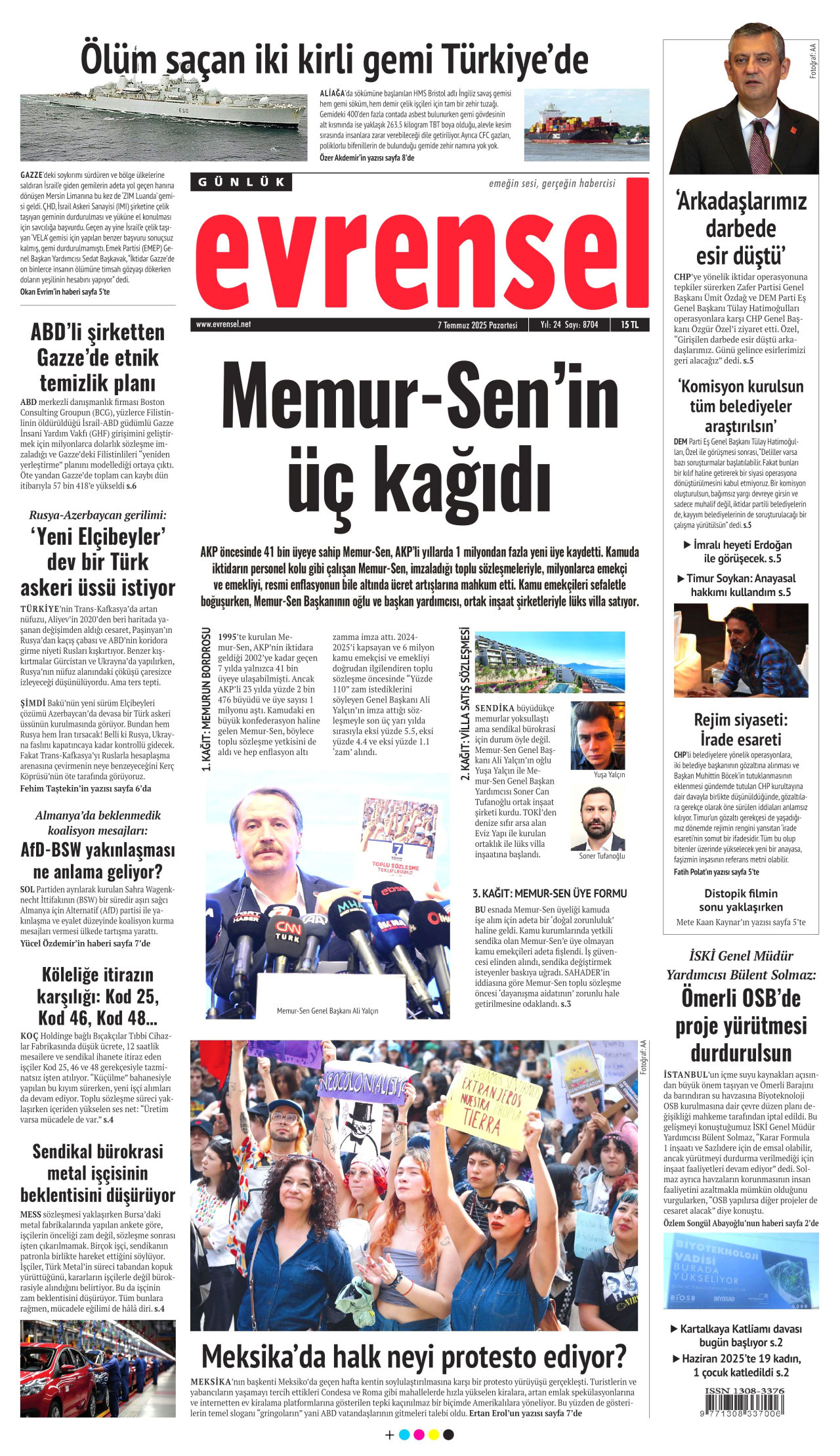 EVRENSEL gazetesinin 7 Temmuz 2025 tarihli birinci sayfası