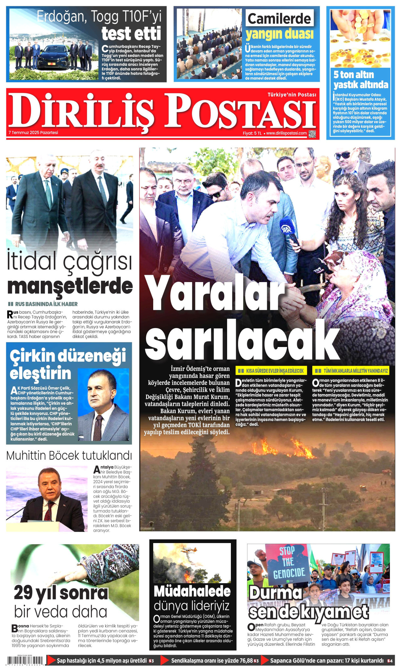 DİRİLİŞ POSTASI gazetesinin 7 Temmuz 2025 tarihli birinci sayfası