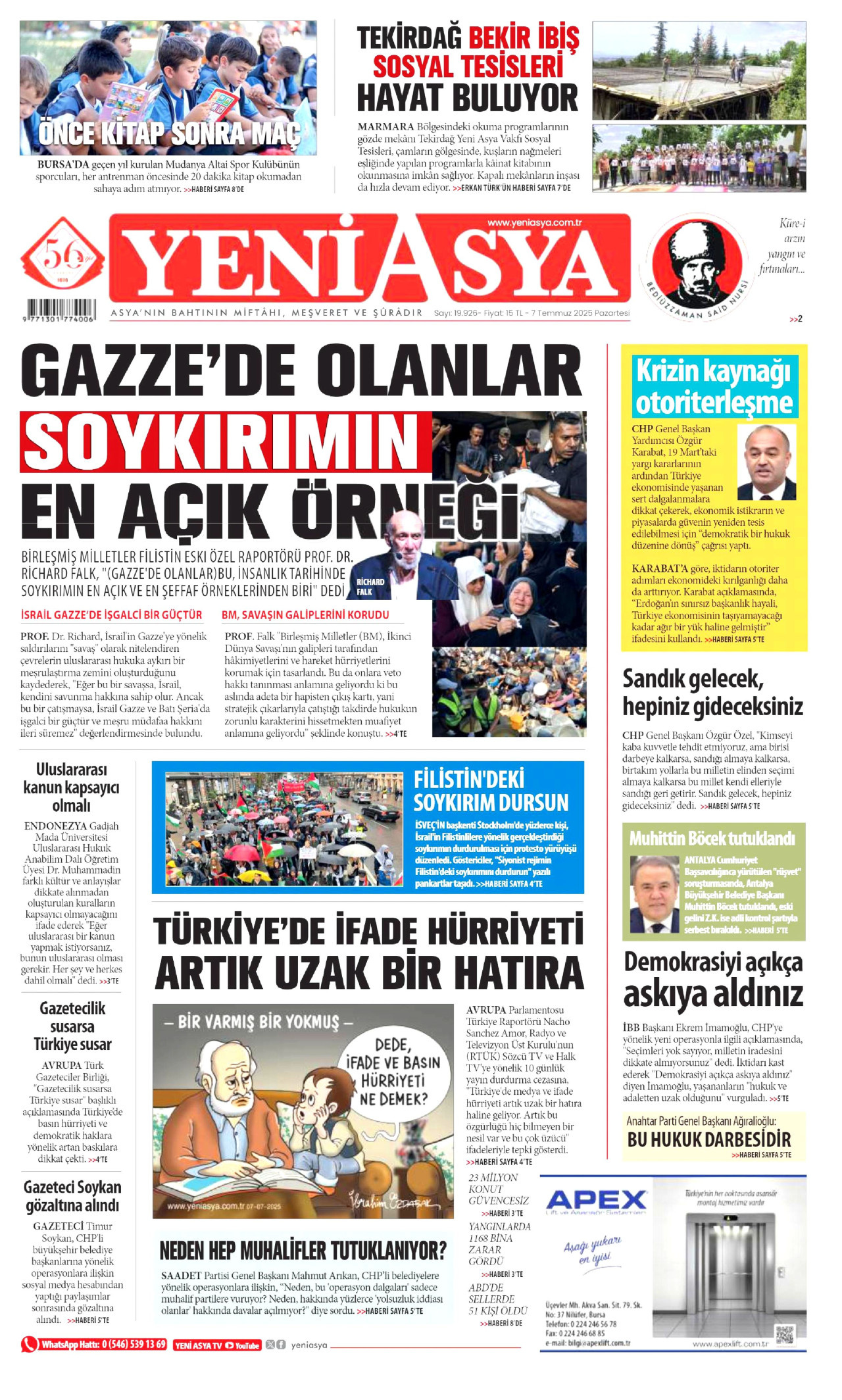 YENİ ASYA gazetesinin 7 Temmuz 2025 tarihli birinci sayfası