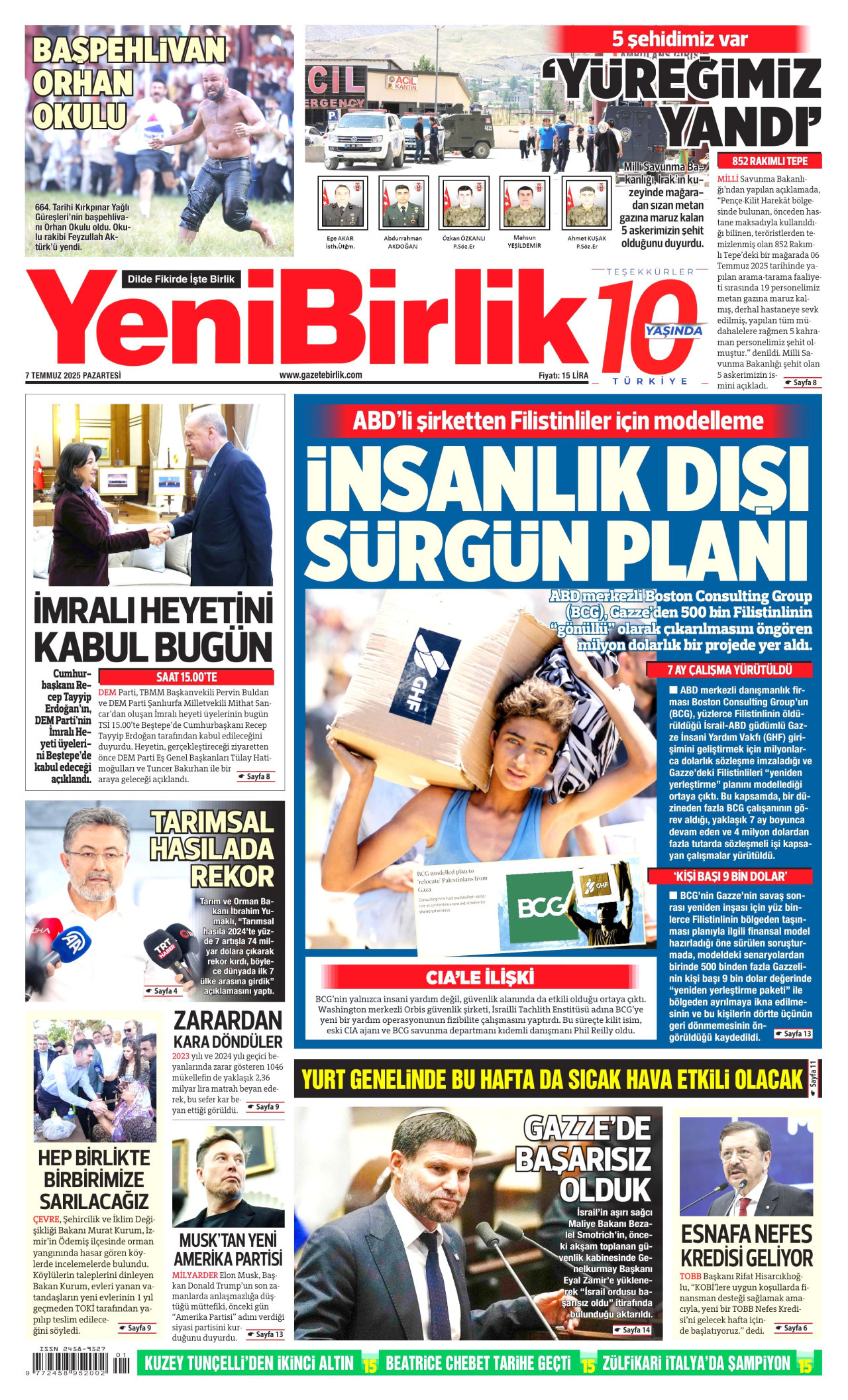 YENİBİRLİK gazetesinin 7 Temmuz 2025 tarihli birinci sayfası