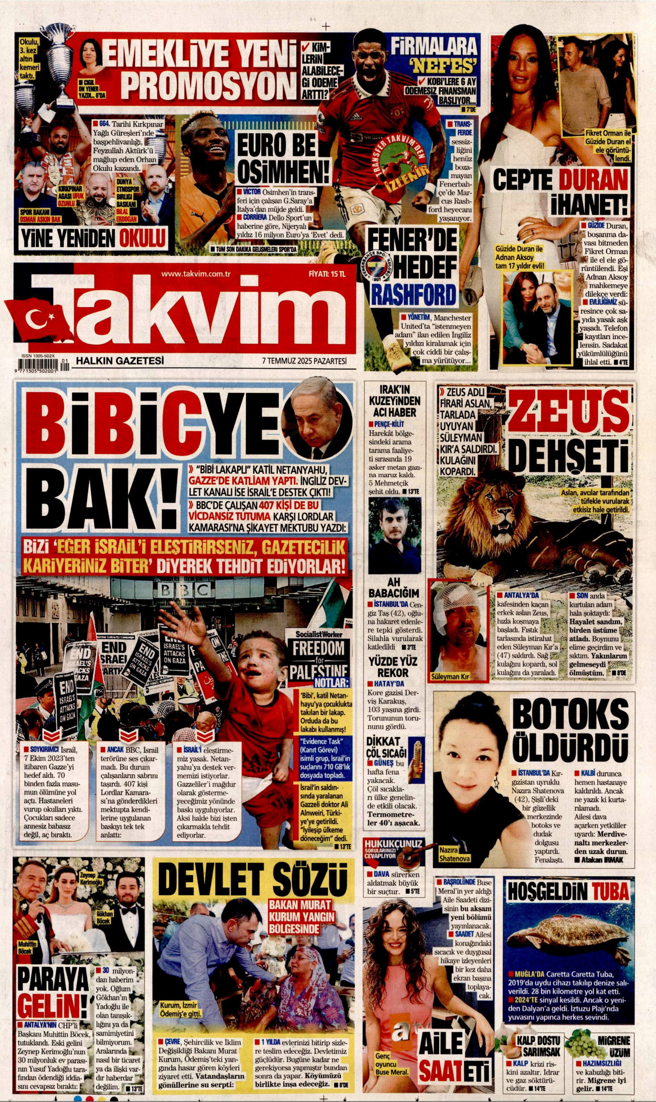 TAKVİM gazetesinin 7 Temmuz 2025 tarihli birinci sayfası
