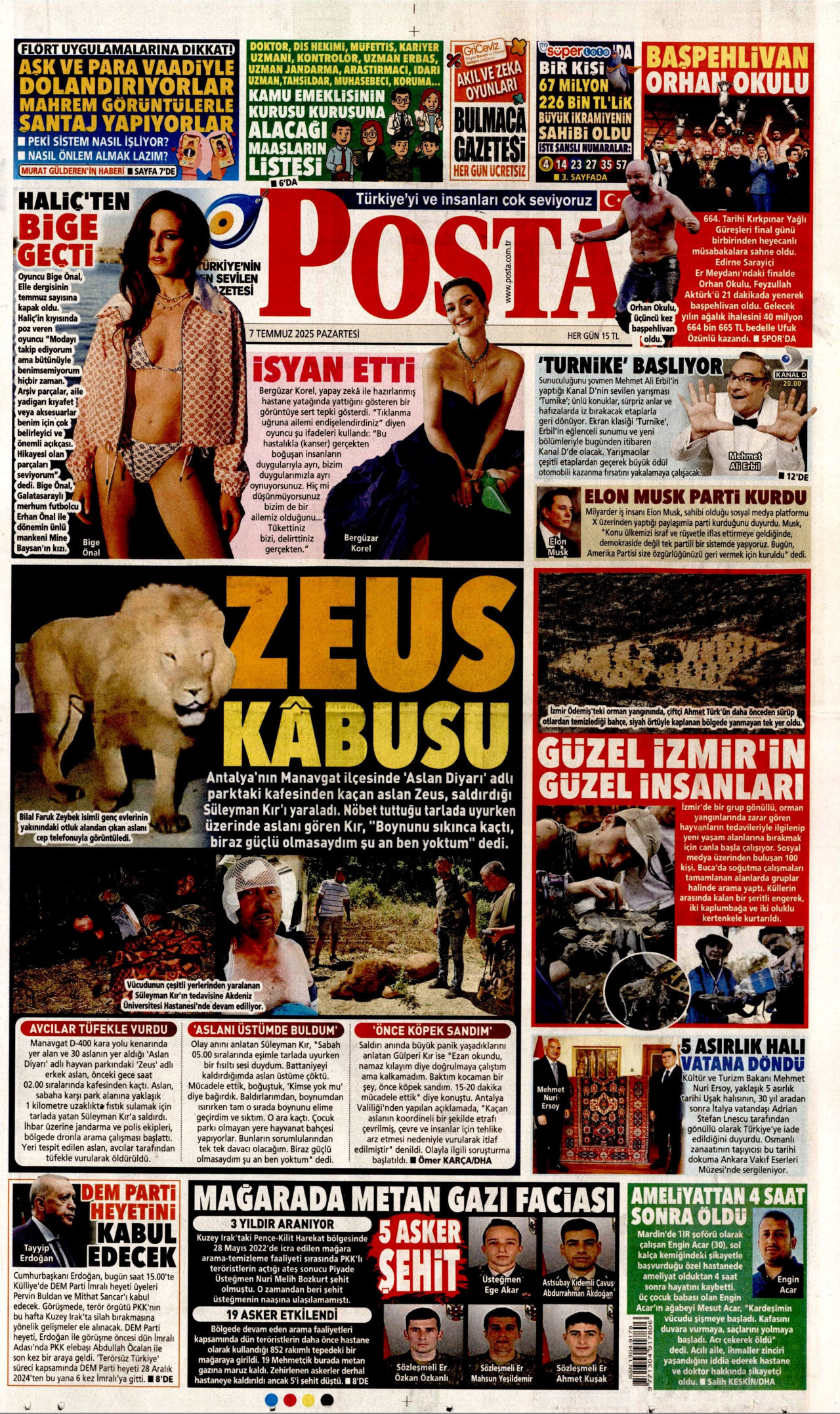 POSTA gazetesinin 7 Temmuz 2025 tarihli birinci sayfası
