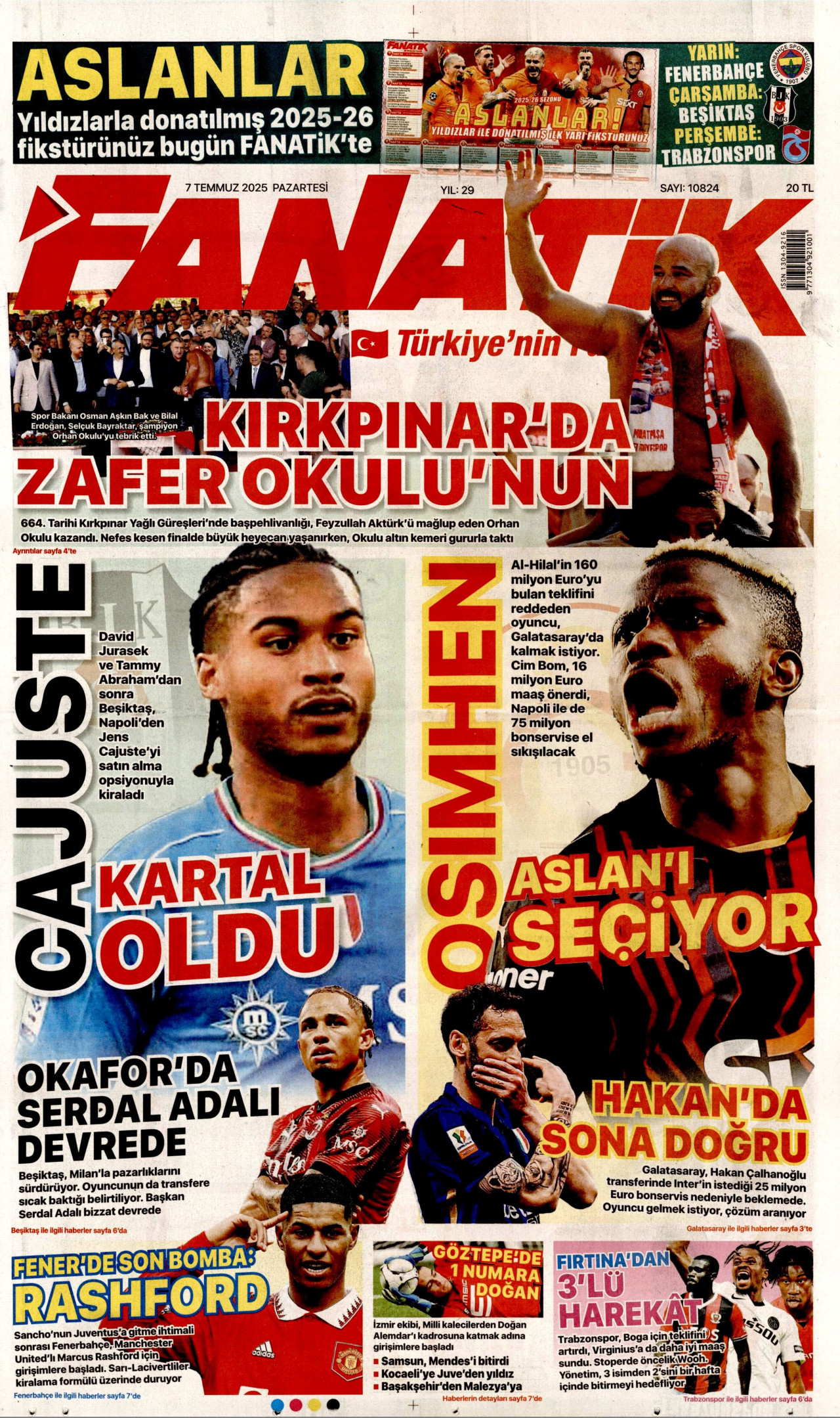 FANATİK gazetesinin 7 Temmuz 2025 tarihli birinci sayfası