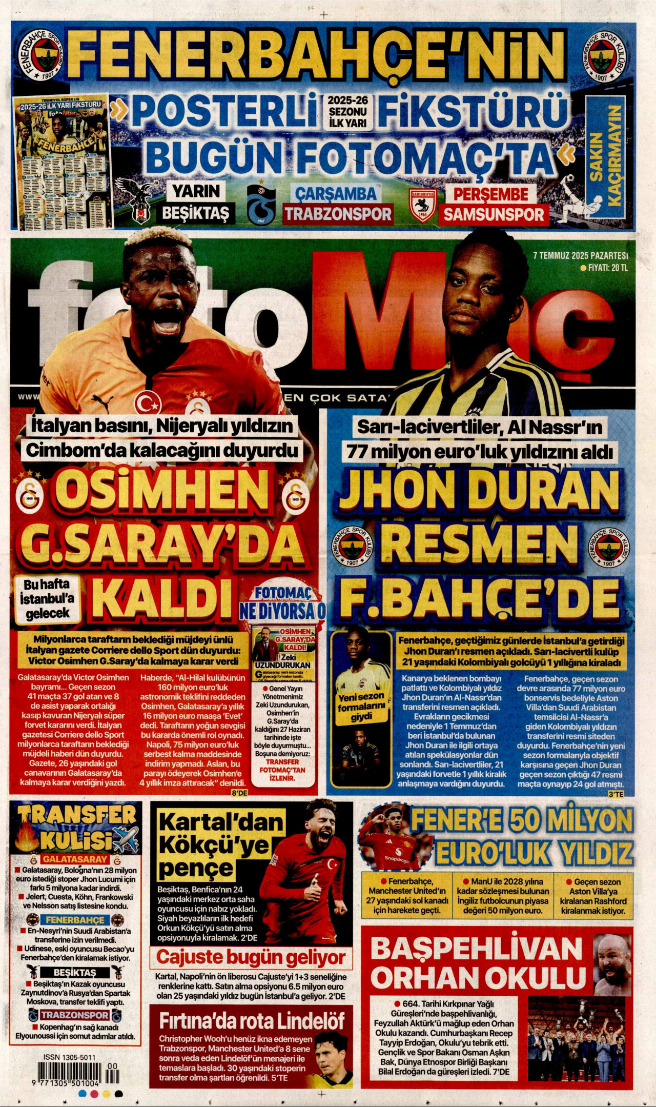 FOTOMAÇ gazetesinin 7 Temmuz 2025 tarihli birinci sayfası
