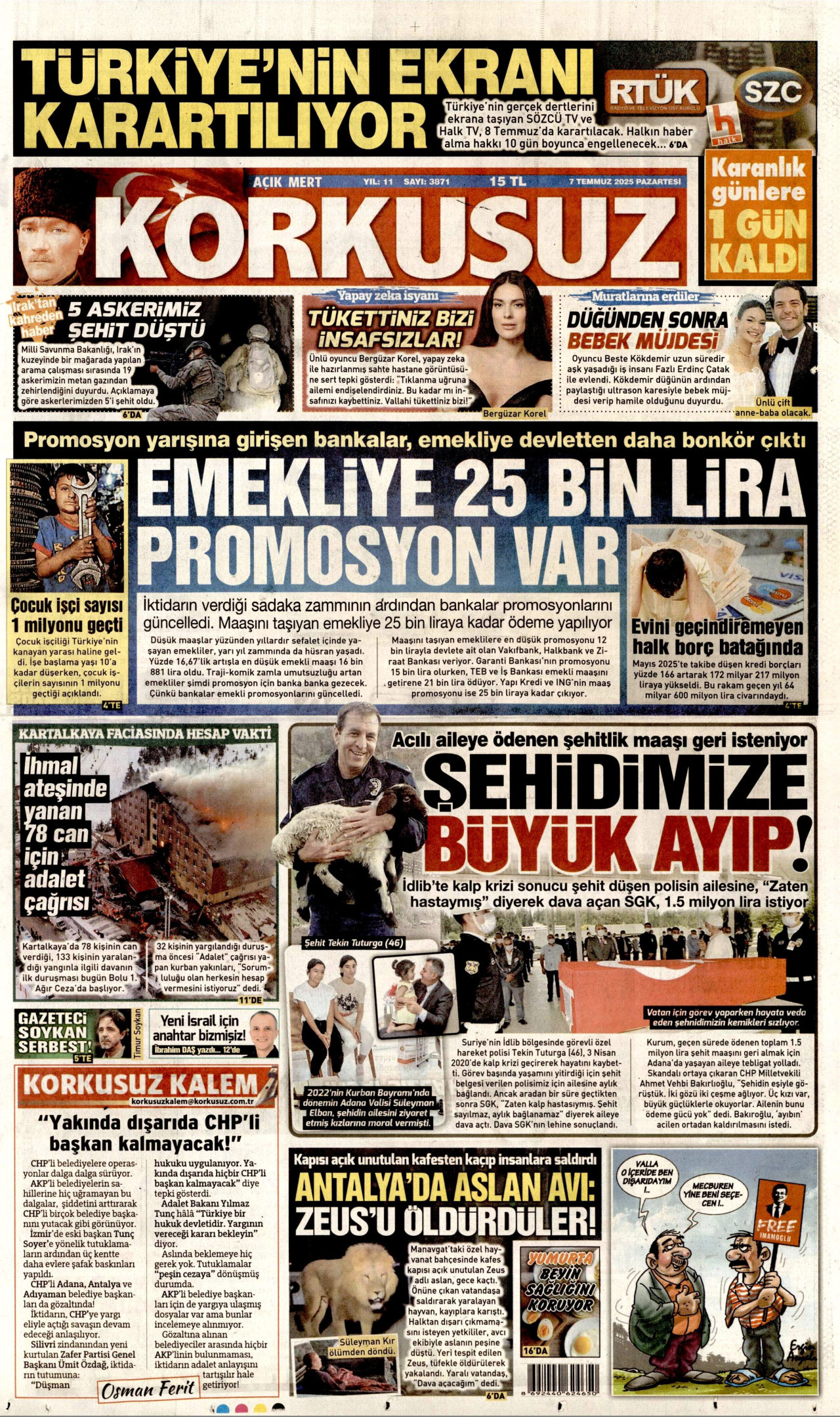 KORKUSUZ gazetesinin 7 Temmuz 2025 tarihli birinci sayfası