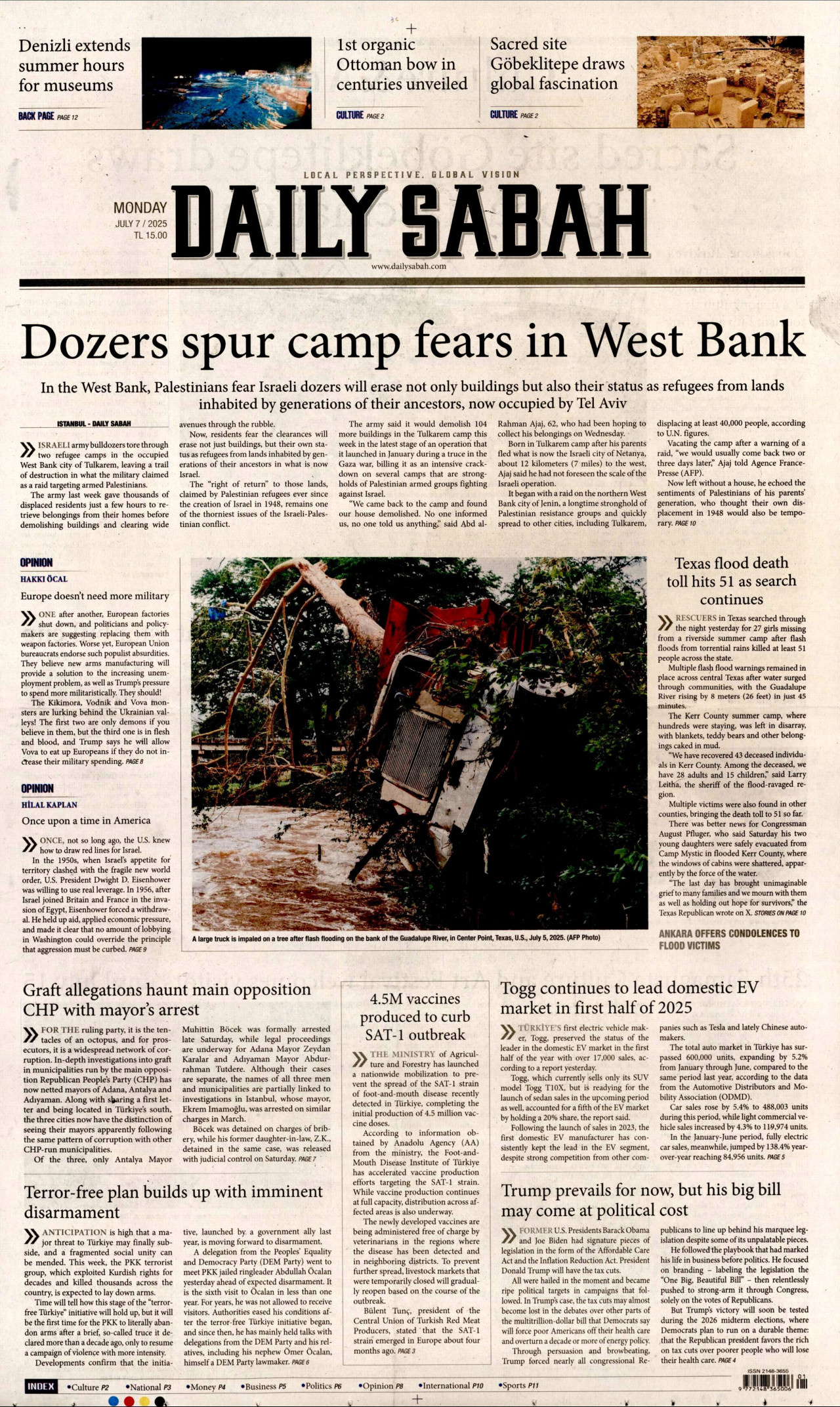 DAİLY SABAH gazetesinin 7 Temmuz 2025 tarihli birinci sayfası
