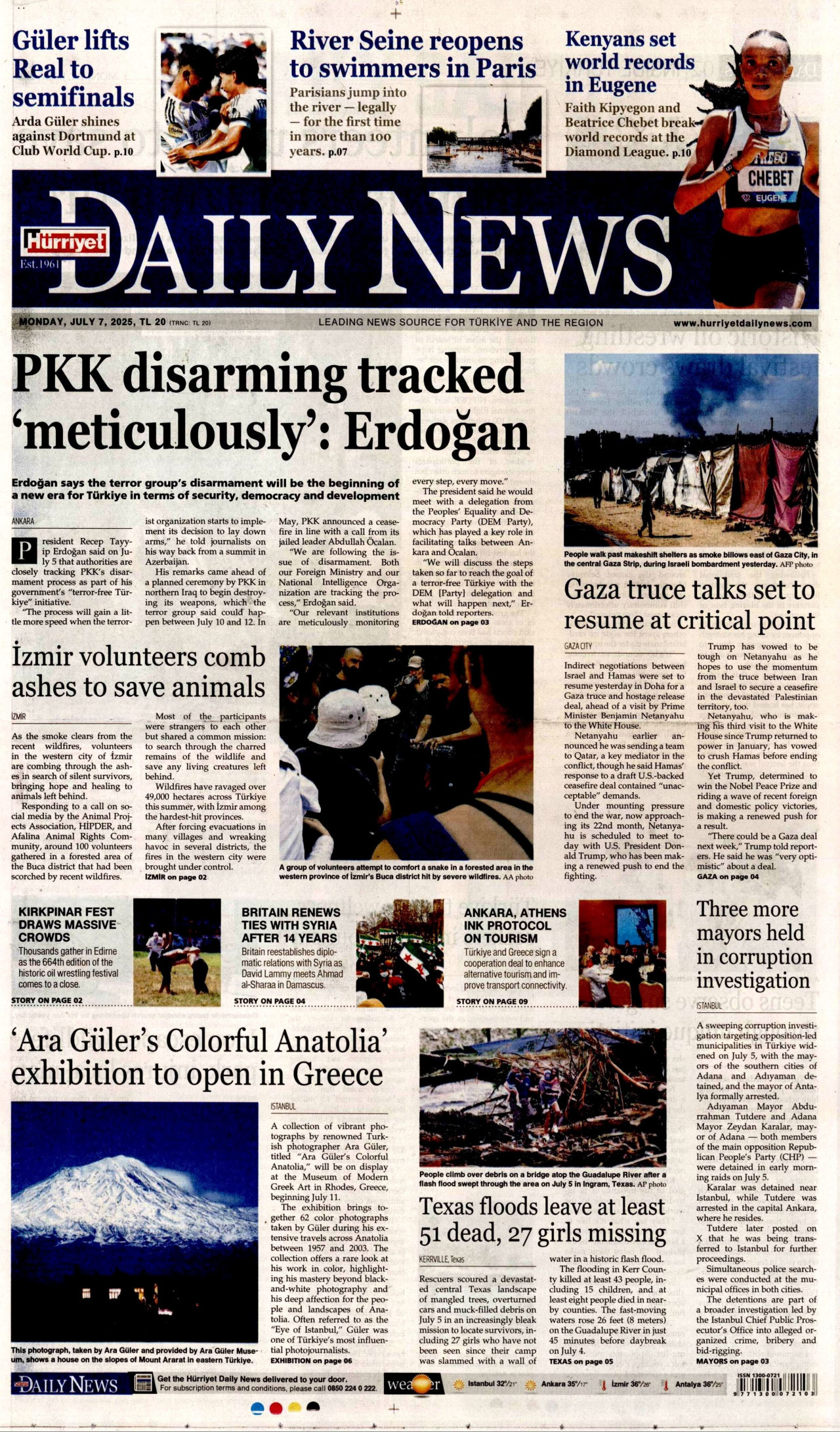 HÜRRİYET DAİLY NEWS gazetesinin 7 Temmuz 2025 tarihli birinci sayfası