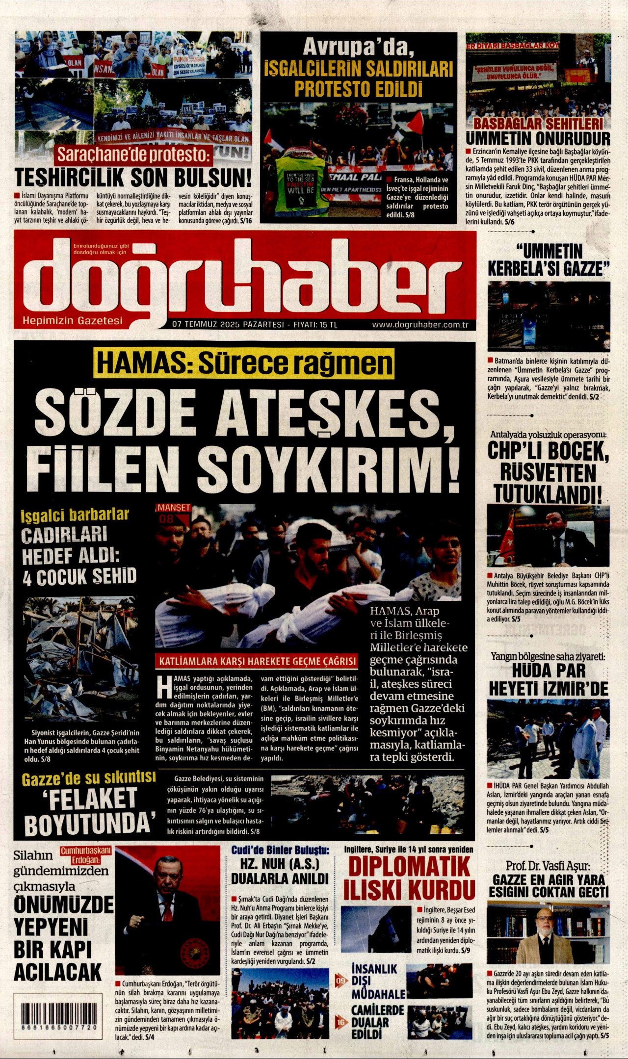 DOĞRU HABER gazetesinin 7 Temmuz 2025 tarihli birinci sayfası
