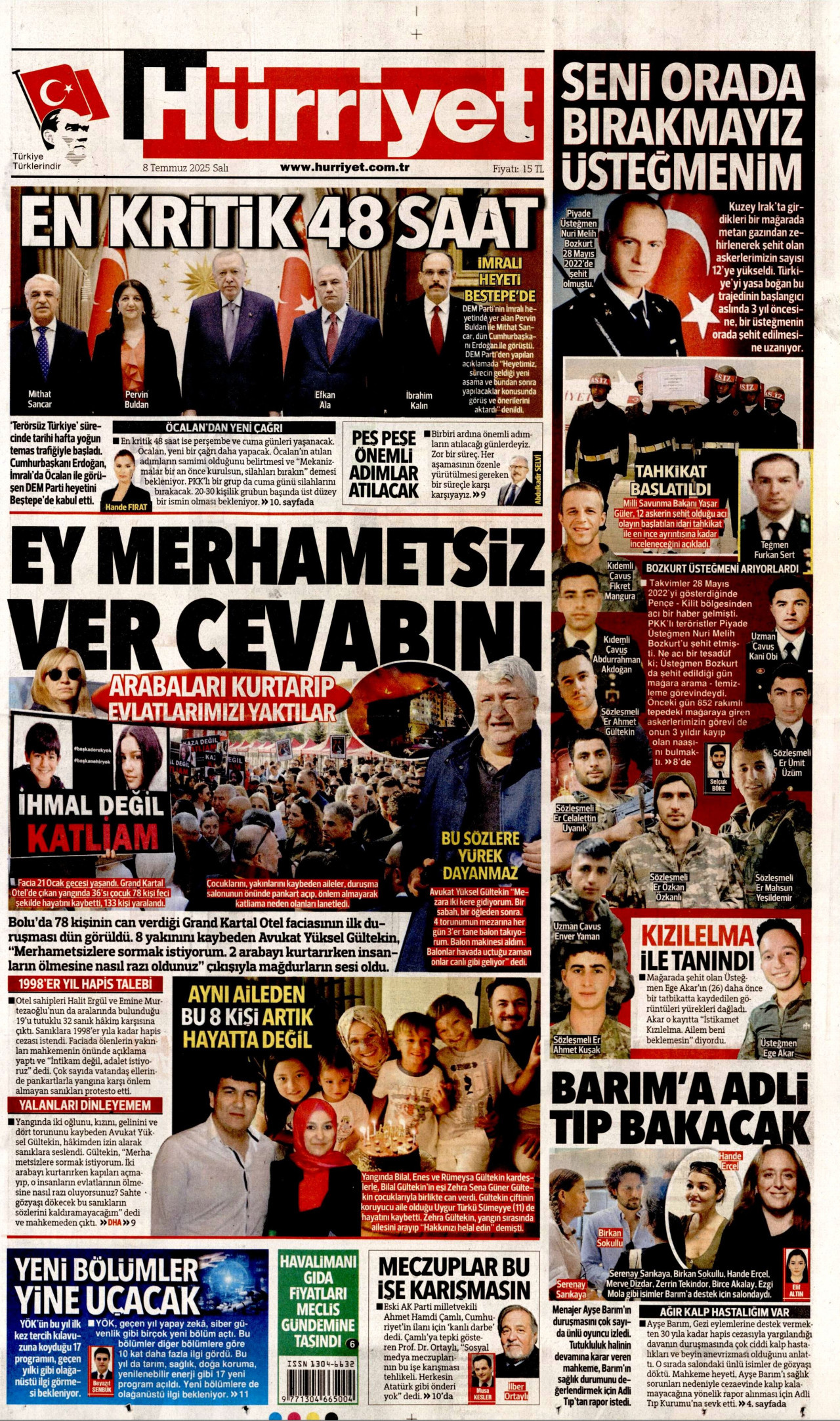 HÜRRİYET gazetesinin 8 Temmuz 2025 tarihli birinci sayfası