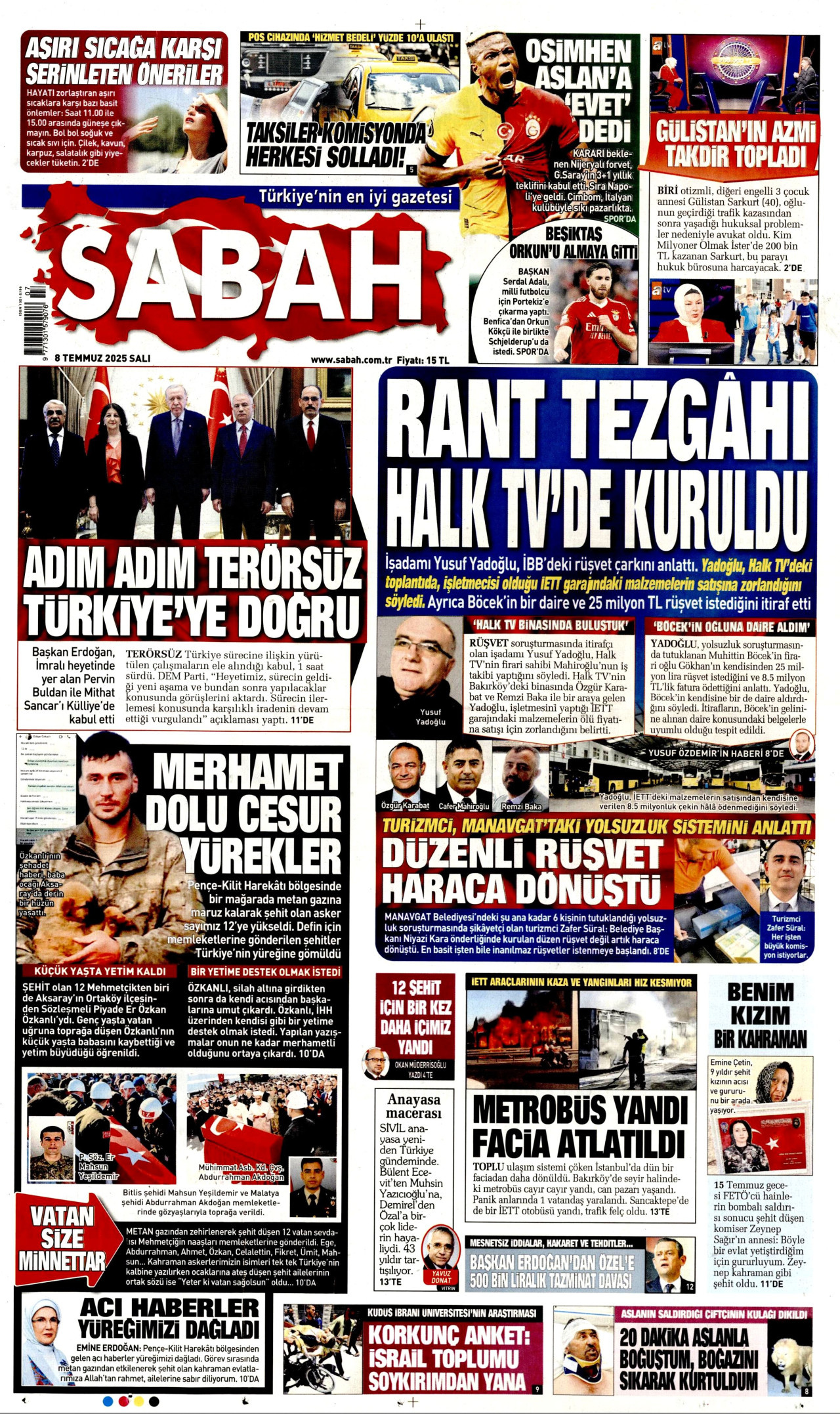 SABAH gazetesinin 8 Temmuz 2025 tarihli birinci sayfası