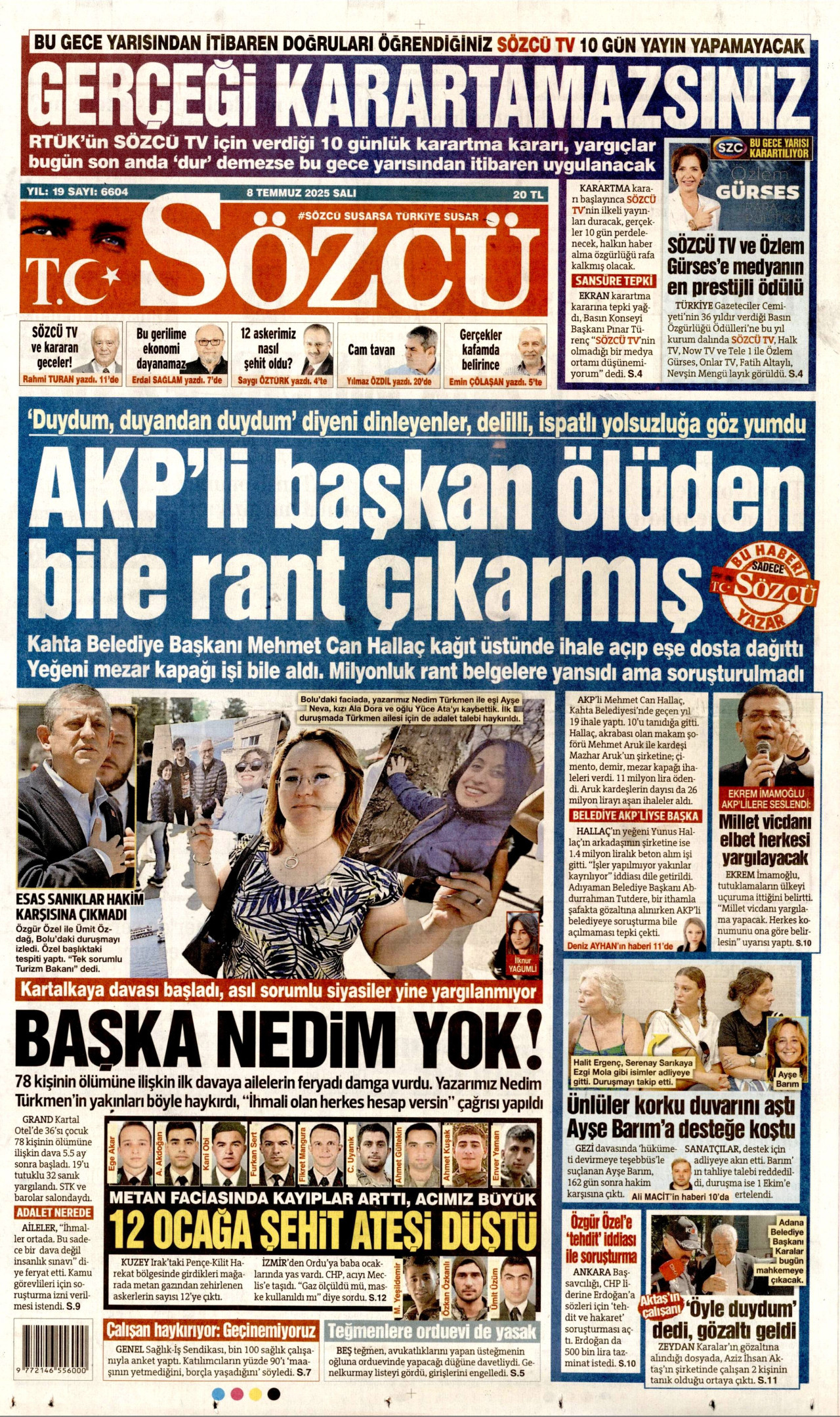SÖZCÜ gazetesinin 8 Temmuz 2025 tarihli birinci sayfası