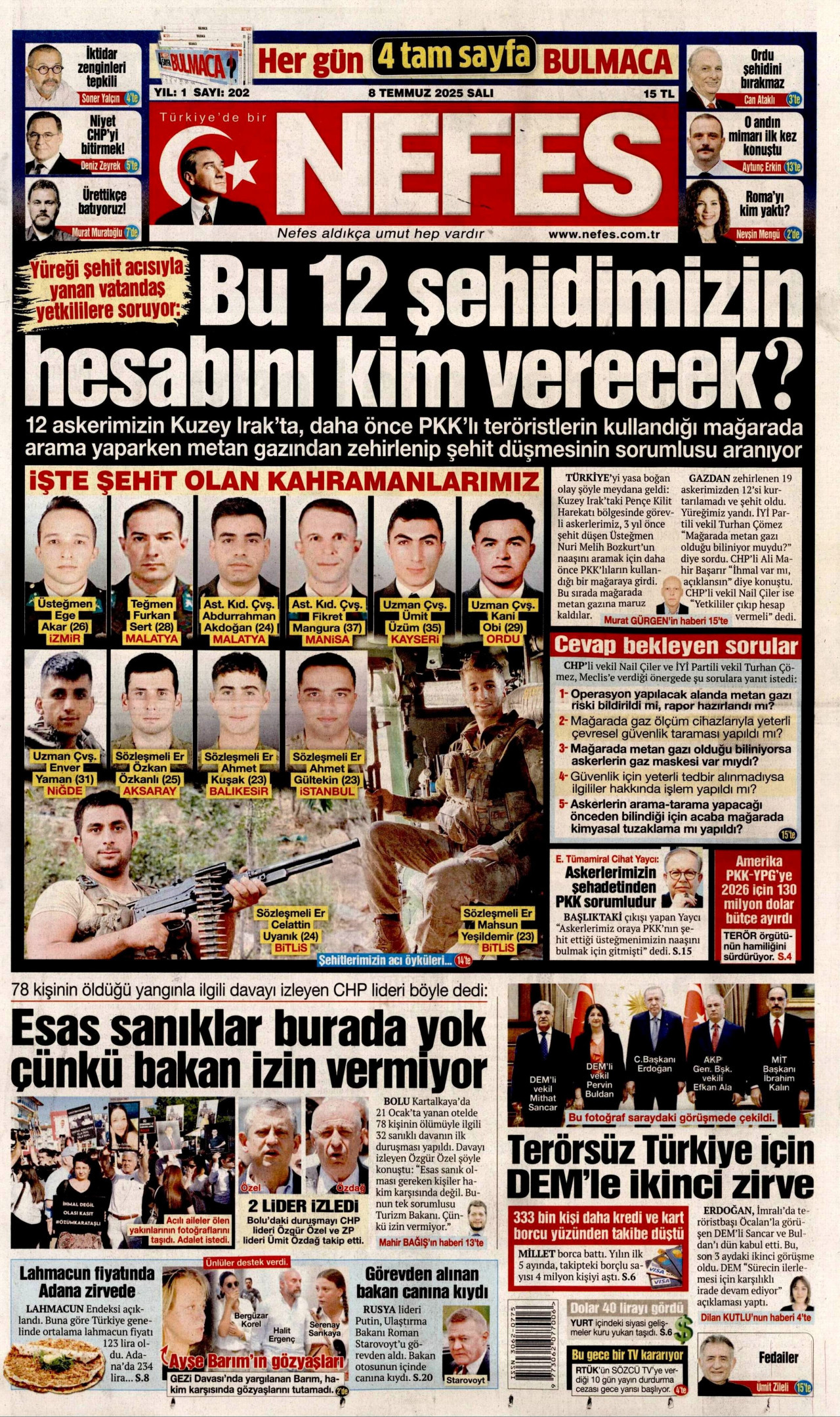 NEFES gazetesinin 8 Temmuz 2025 tarihli birinci sayfası