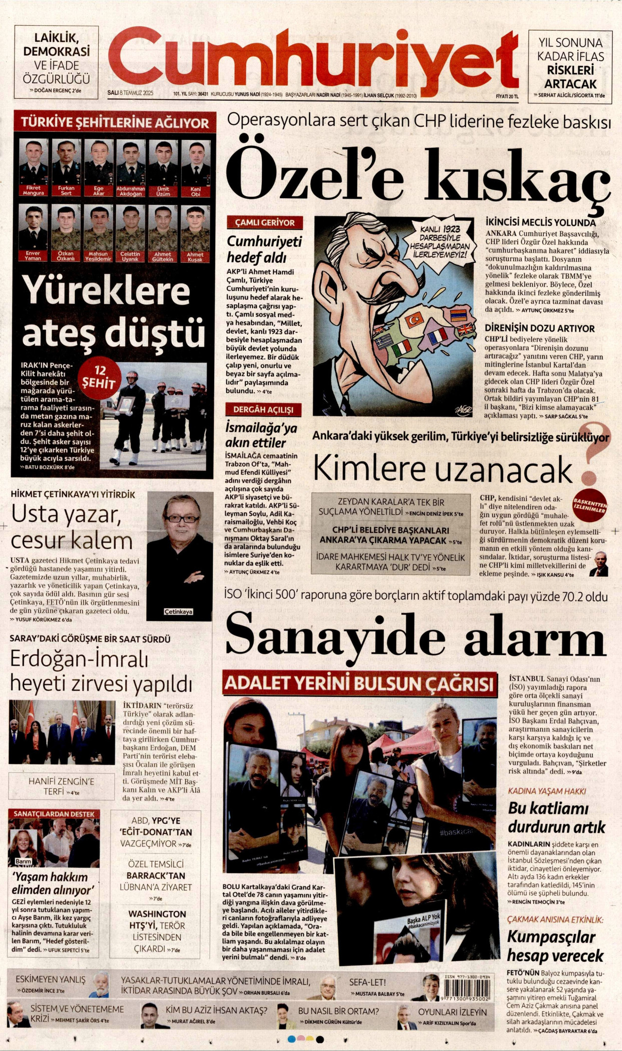 CUMHURİYET gazetesinin 8 Temmuz 2025 tarihli birinci sayfası