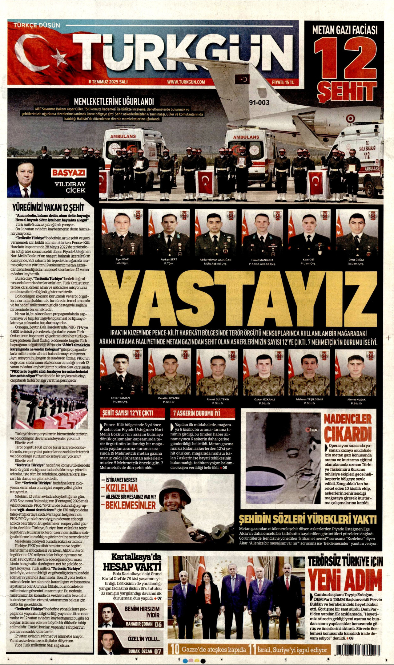 TÜRKGÜN gazetesinin 8 Temmuz 2025 tarihli birinci sayfası