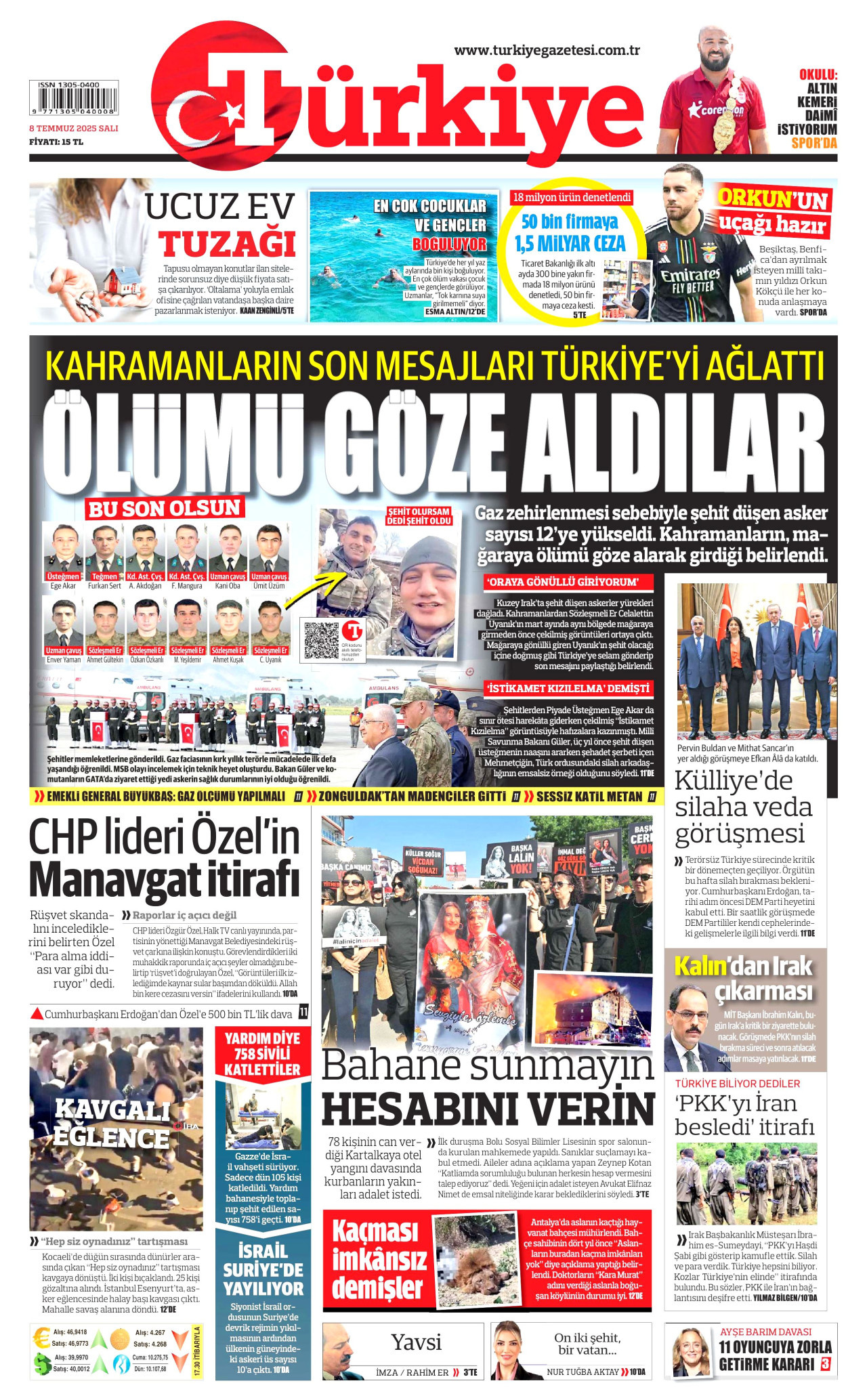 TÜRKİYE GAZETESİ gazetesinin 8 Temmuz 2025 tarihli birinci sayfası