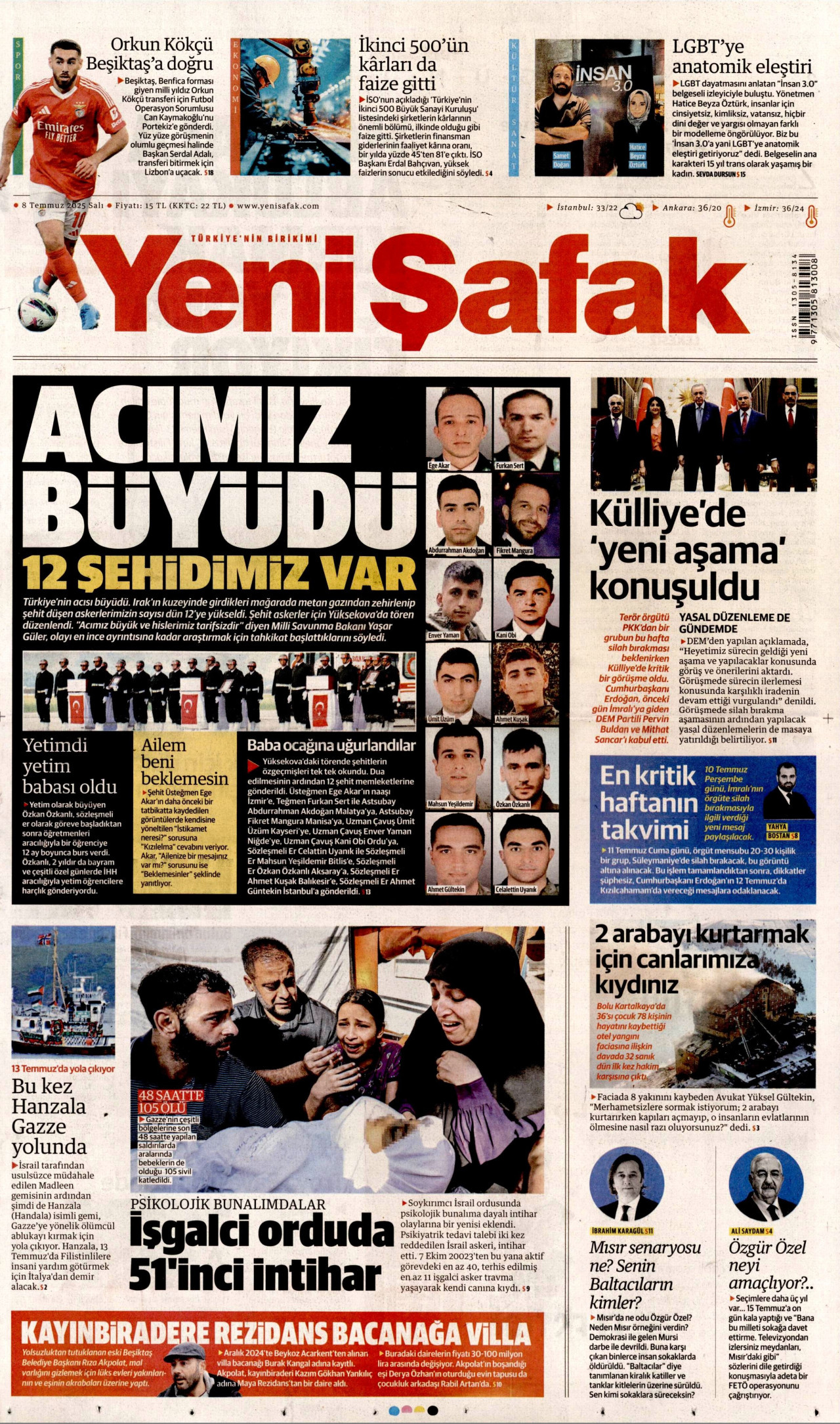 YENİ ŞAFAK gazetesinin 8 Temmuz 2025 tarihli birinci sayfası