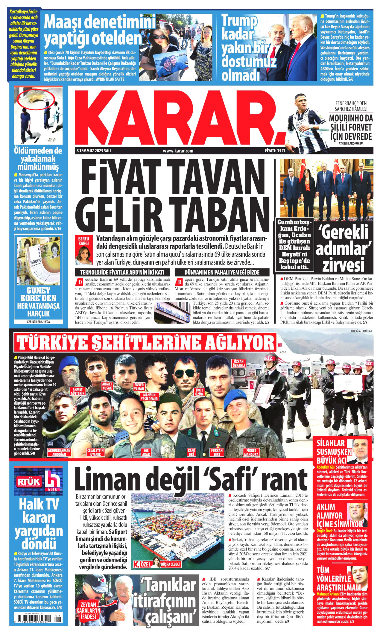 KARAR gazetesinin 8 Temmuz 2025 tarihli birinci sayfası
