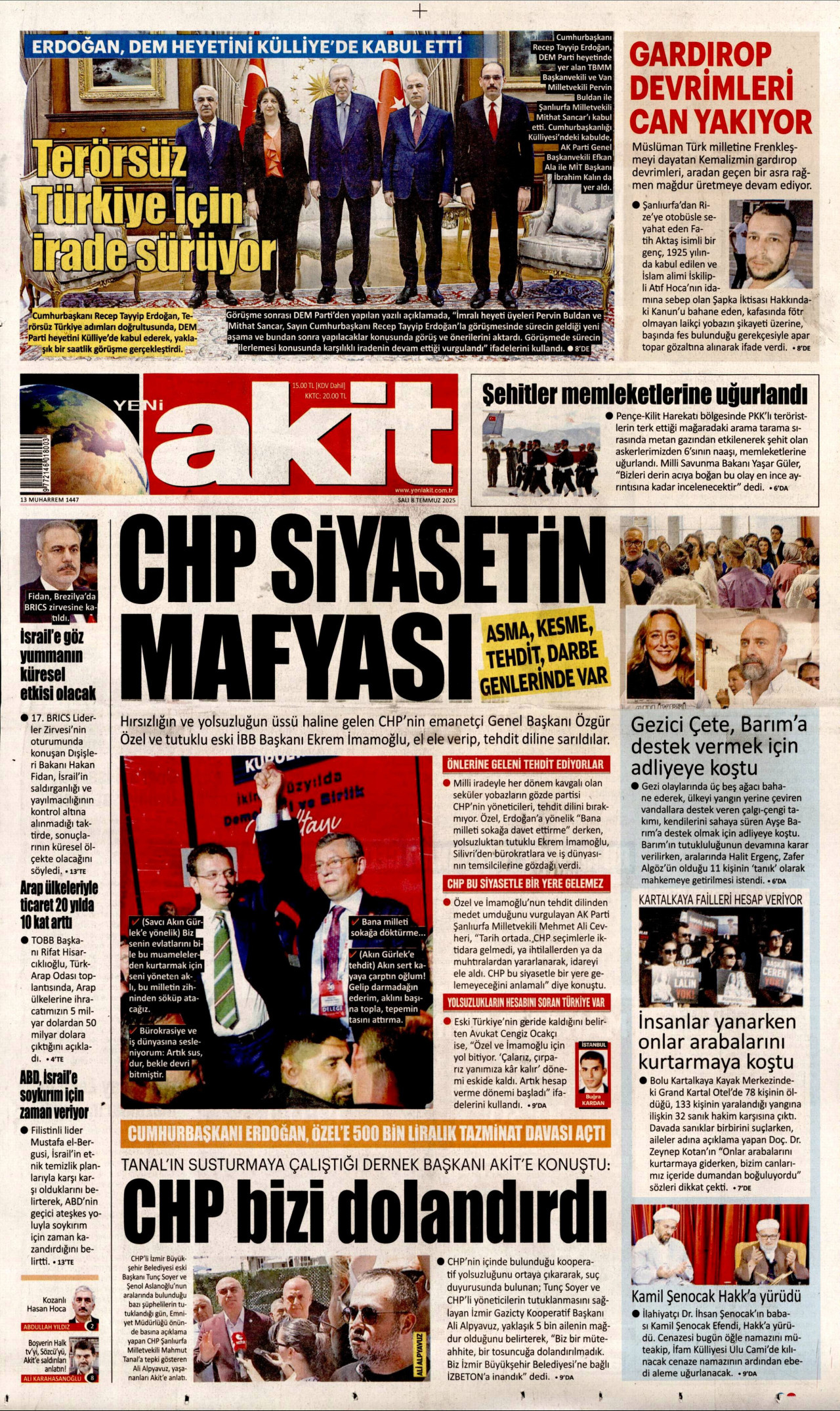YENİ AKİT gazetesinin 8 Temmuz 2025 tarihli birinci sayfası