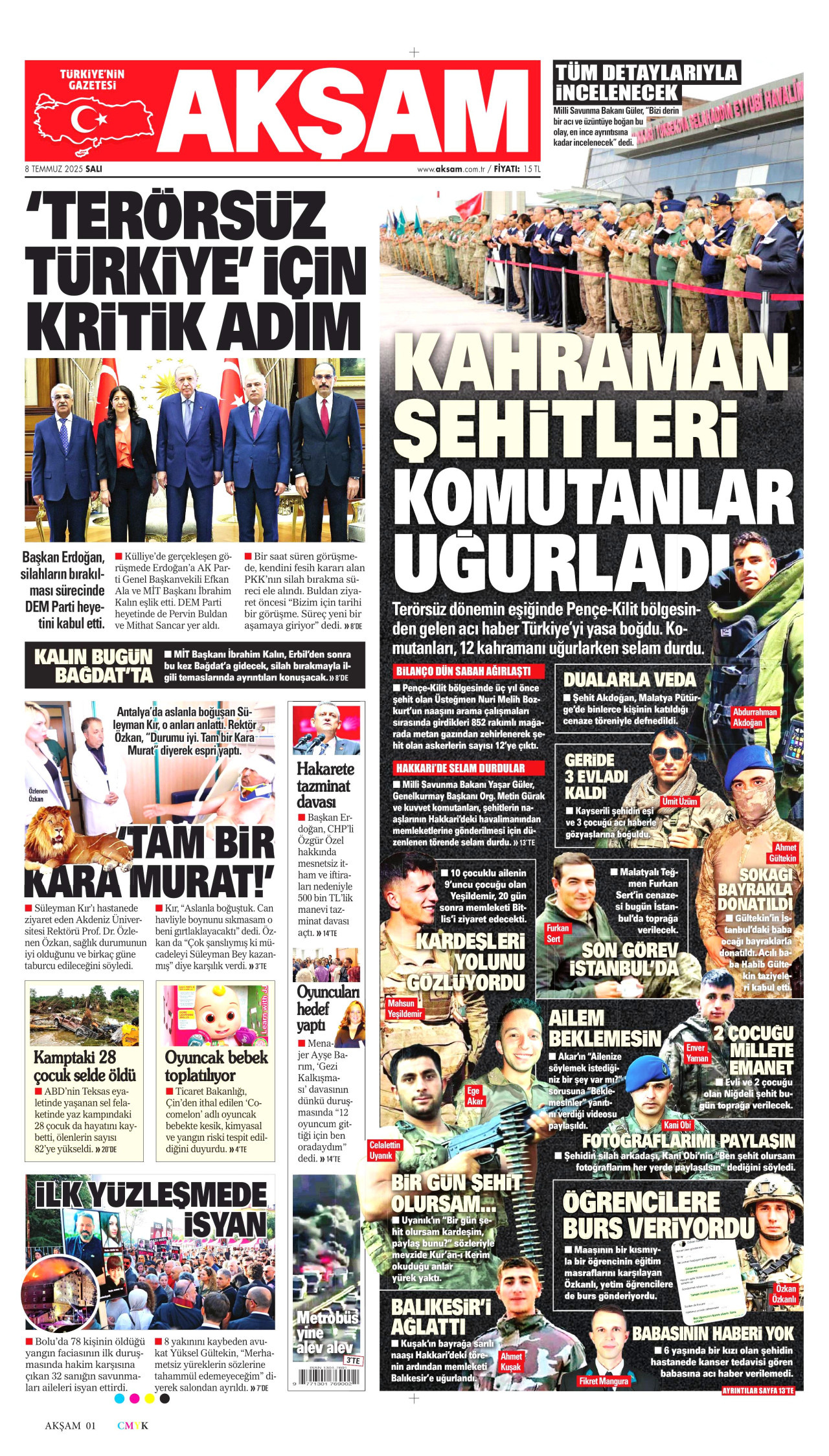 AKŞAM gazetesinin 8 Temmuz 2025 tarihli birinci sayfası