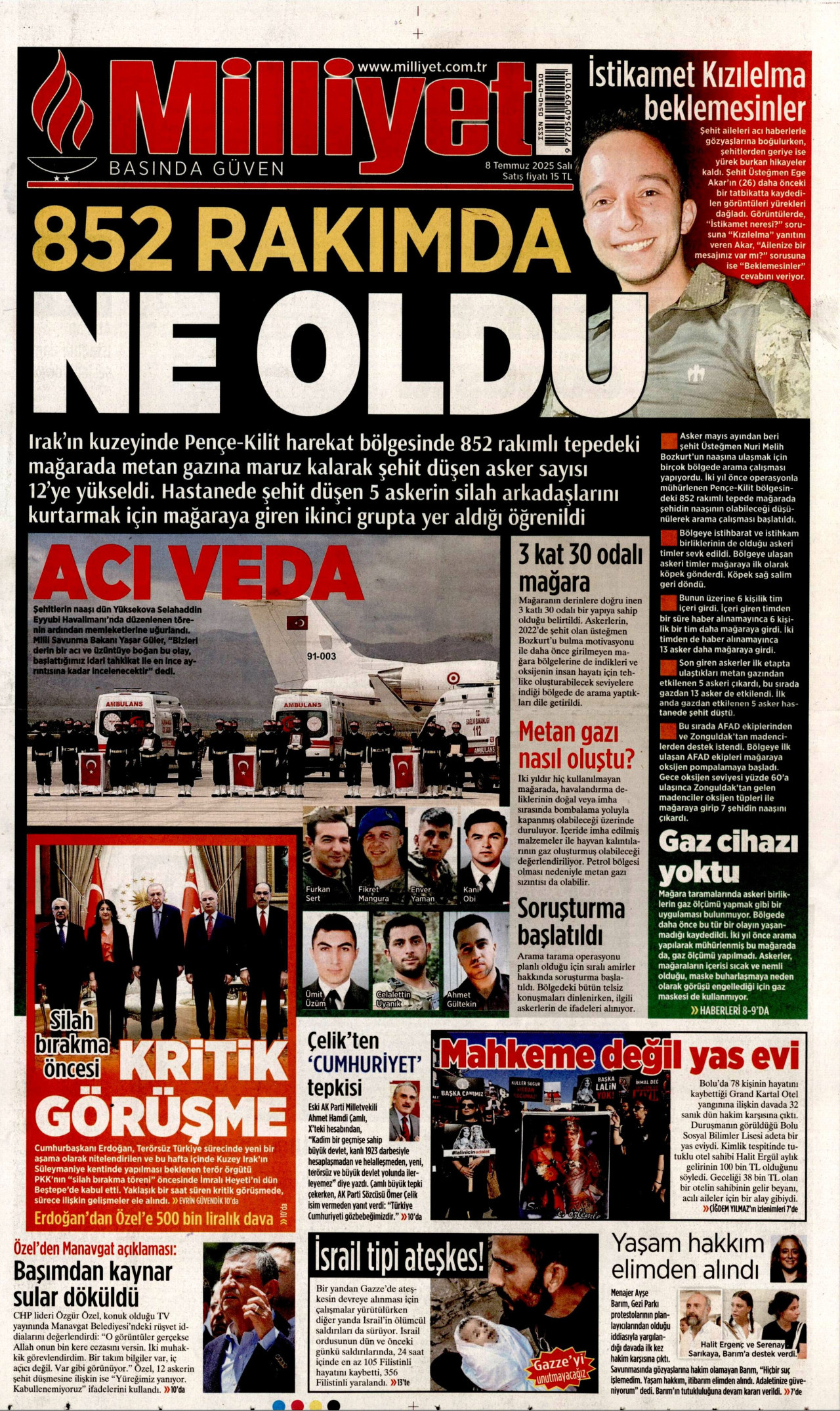 MİLLİYET gazetesinin 8 Temmuz 2025 tarihli birinci sayfası