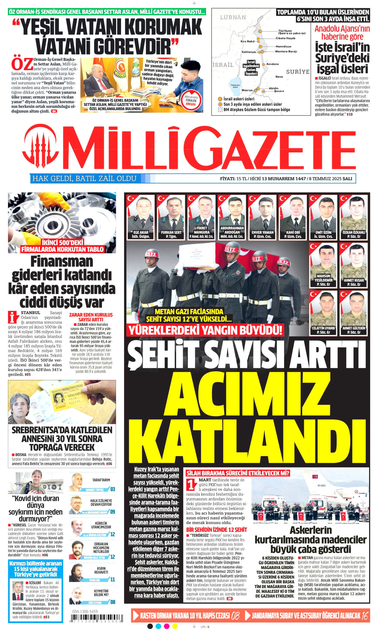 MİLLİ GAZETE gazetesinin 8 Temmuz 2025 tarihli birinci sayfası