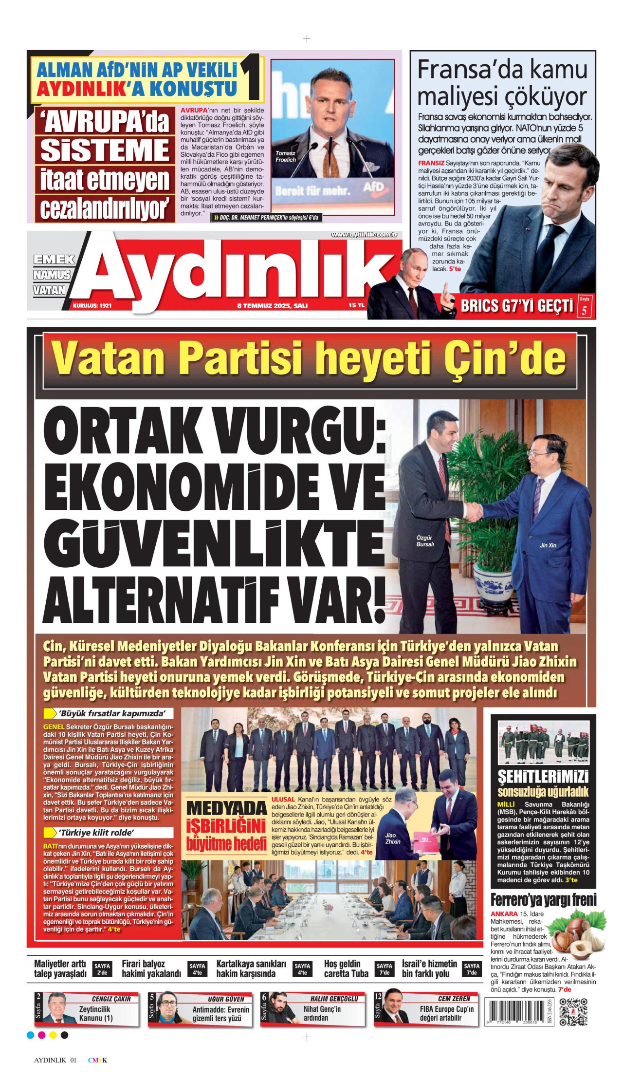 AYDINLIK GAZETESİ gazetesinin 8 Temmuz 2025 tarihli birinci sayfası