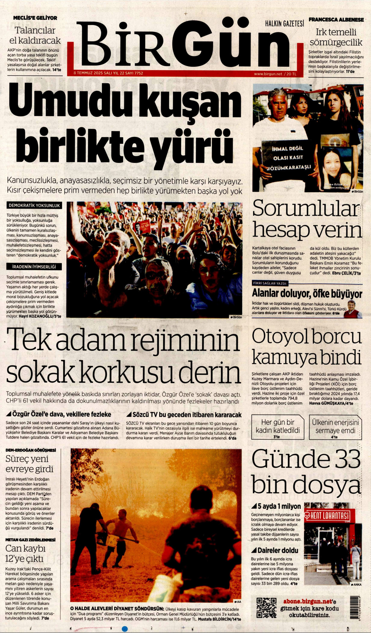 BİRGÜN gazetesinin 8 Temmuz 2025 tarihli birinci sayfası