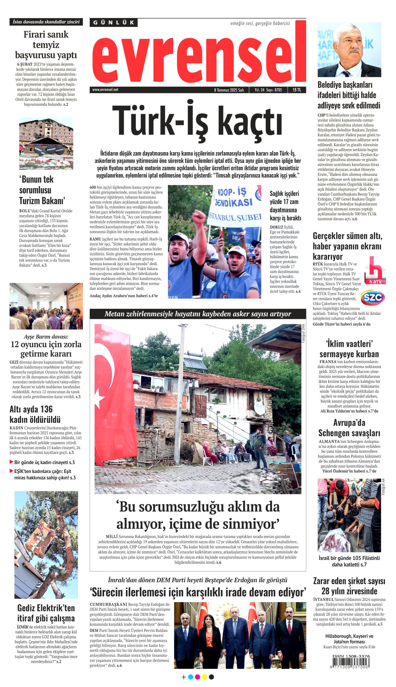 EVRENSEL gazetesinin 8 Temmuz 2025 tarihli birinci sayfası