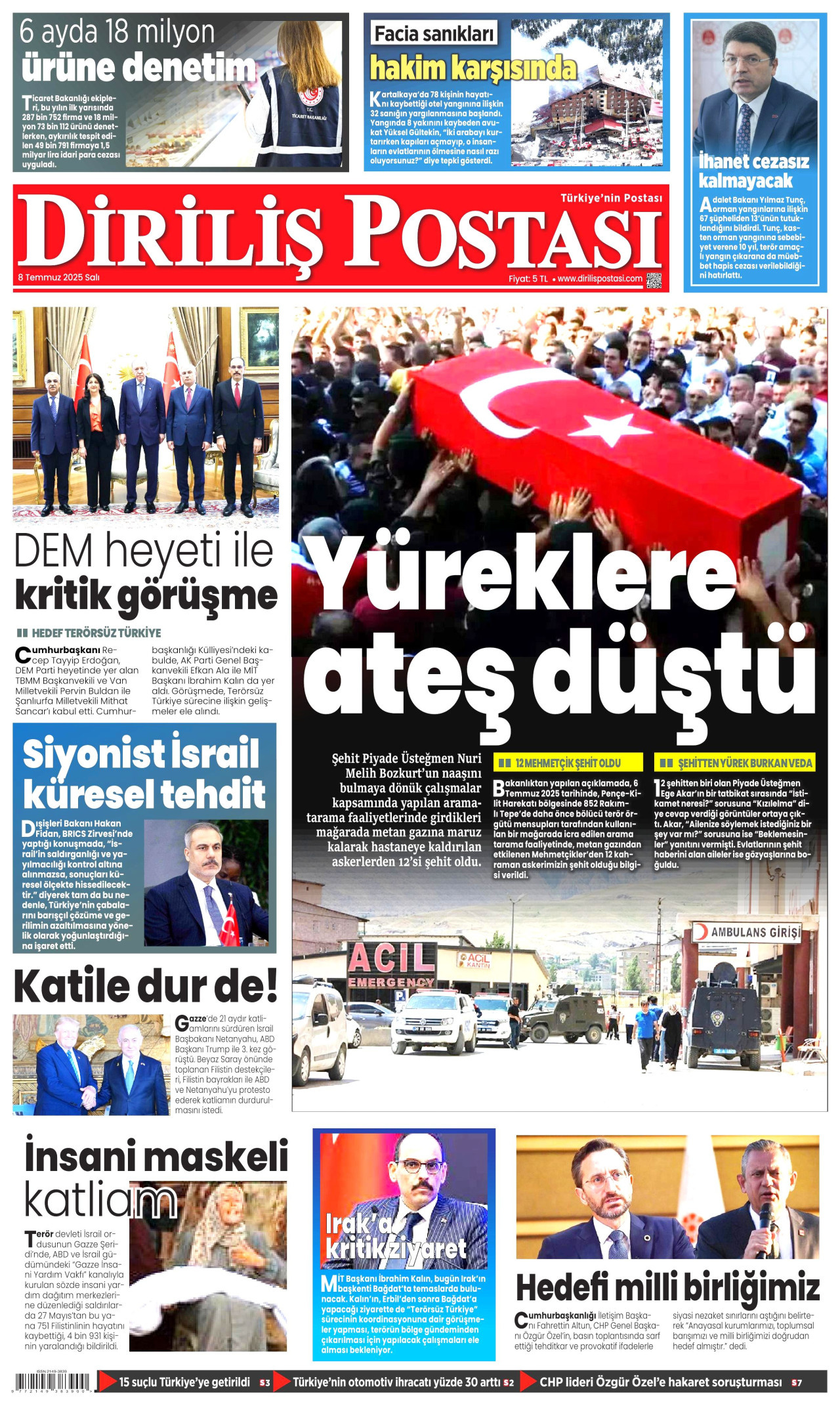 DİRİLİŞ POSTASI gazetesinin 8 Temmuz 2025 tarihli birinci sayfası