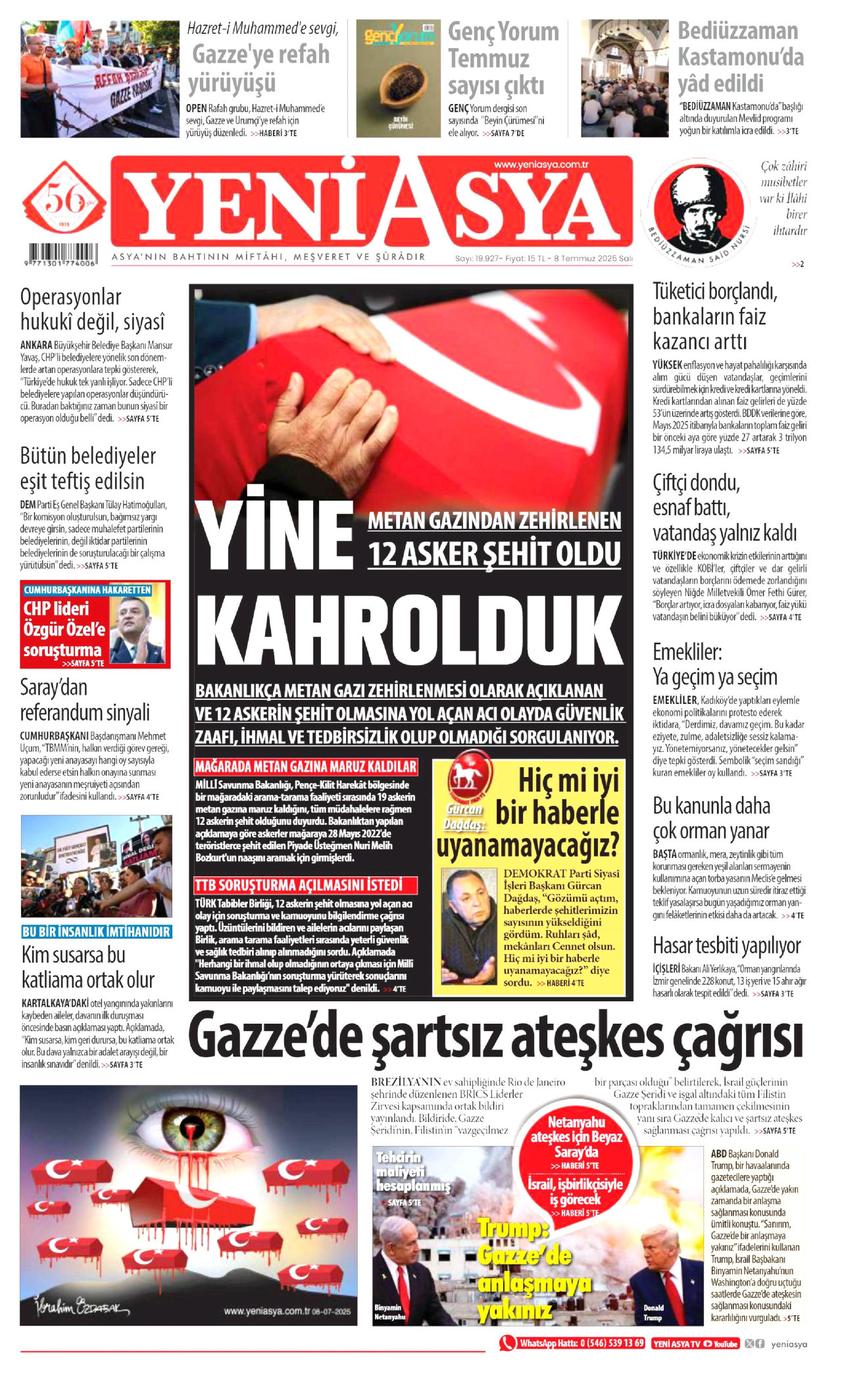 YENİ ASYA gazetesinin 8 Temmuz 2025 tarihli birinci sayfası