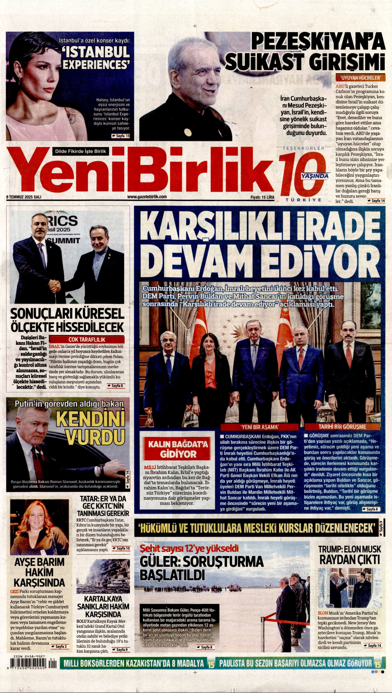 YENİBİRLİK gazetesinin 8 Temmuz 2025 tarihli birinci sayfası