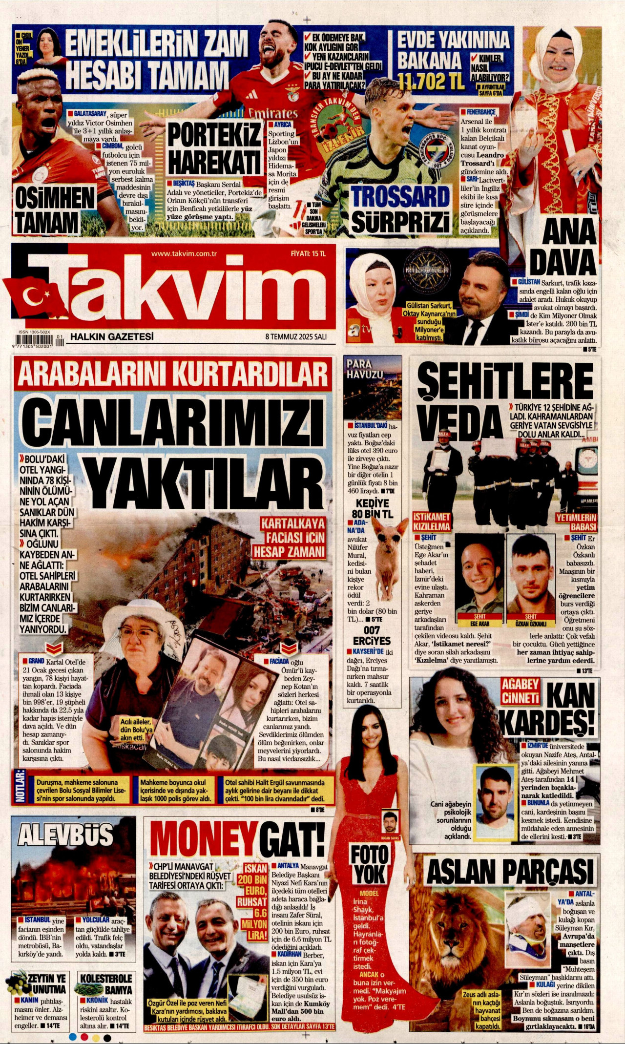 TAKVİM gazetesinin 8 Temmuz 2025 tarihli birinci sayfası