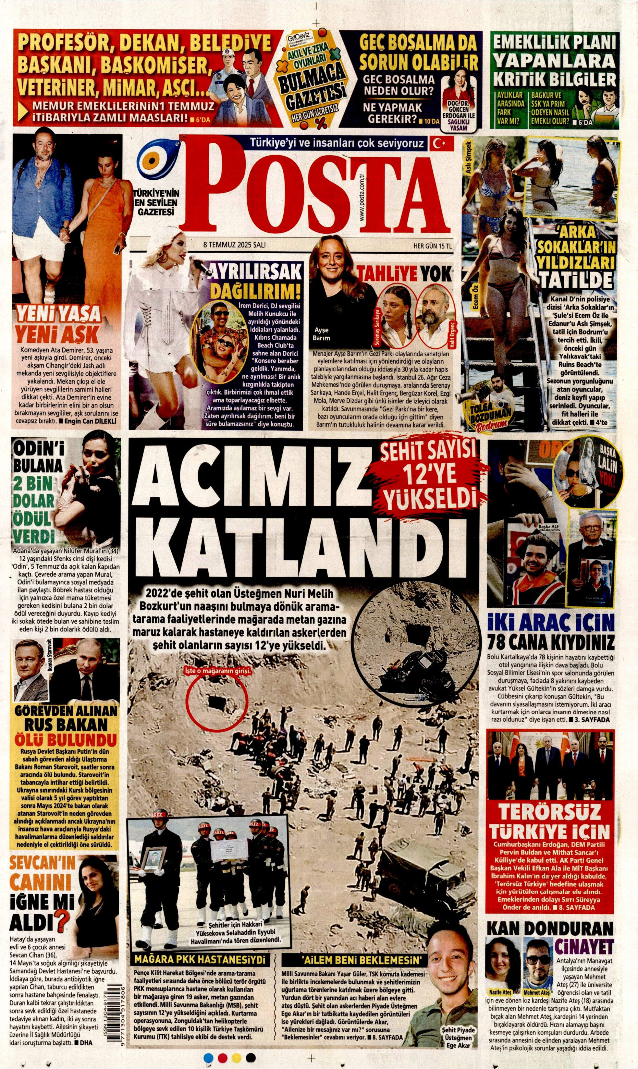 POSTA gazetesinin 8 Temmuz 2025 tarihli birinci sayfası