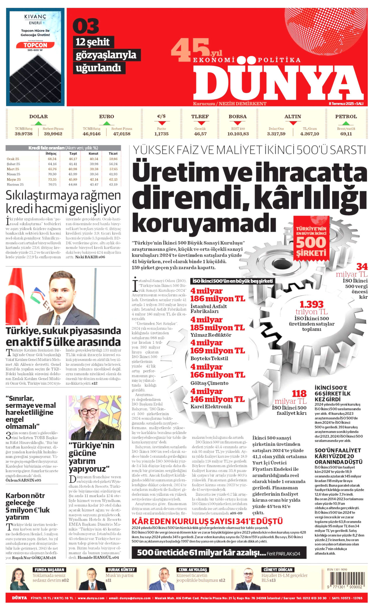 DÜNYA gazetesinin 8 Temmuz 2025 tarihli birinci sayfası
