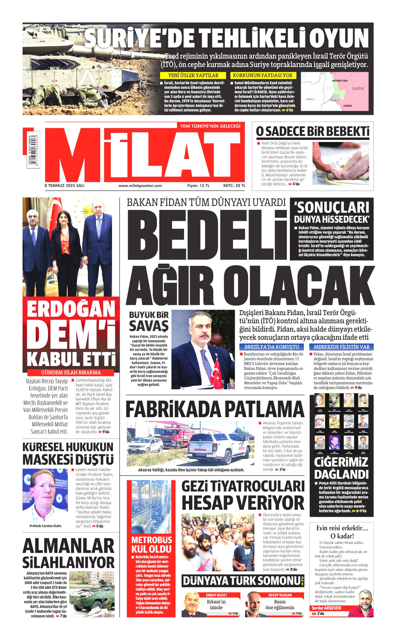 MİLAT gazetesinin 8 Temmuz 2025 tarihli birinci sayfası