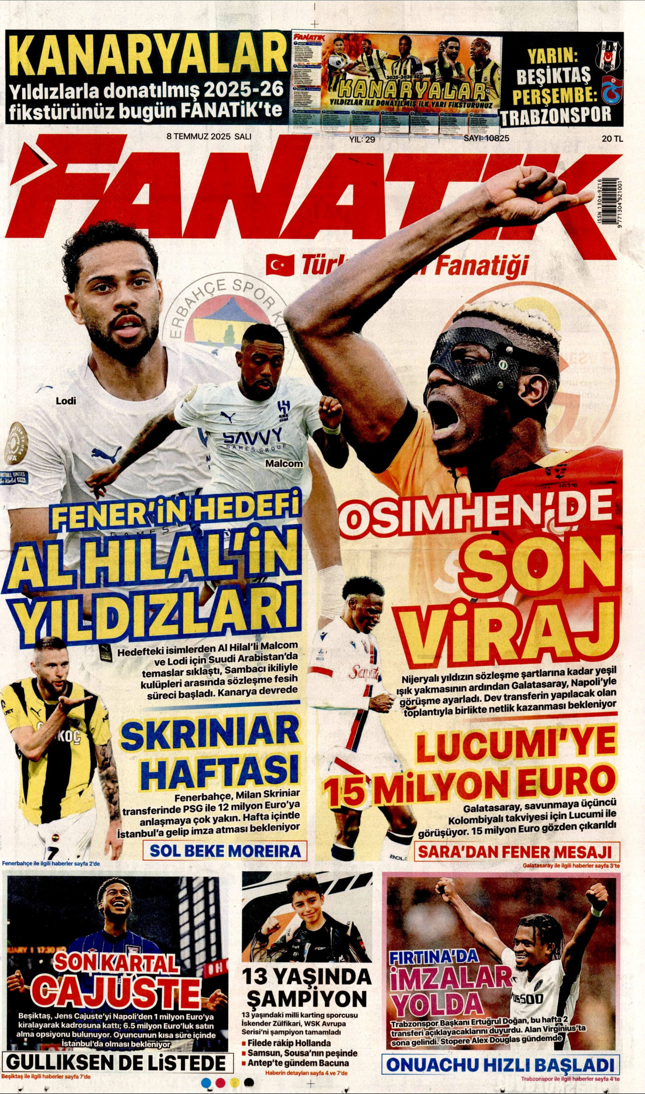 FANATİK gazetesinin 8 Temmuz 2025 tarihli birinci sayfası