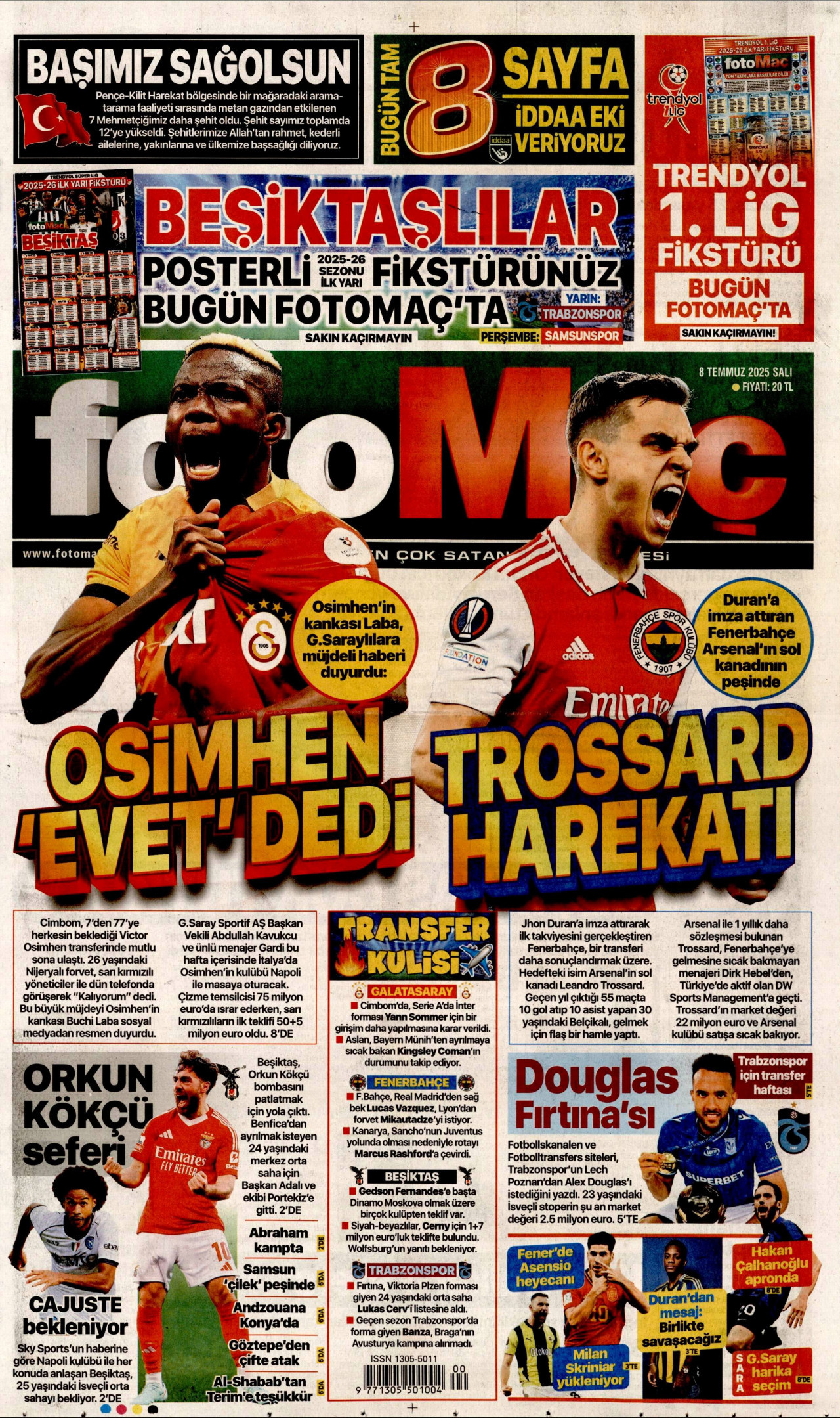 FOTOMAÇ gazetesinin 8 Temmuz 2025 tarihli birinci sayfası