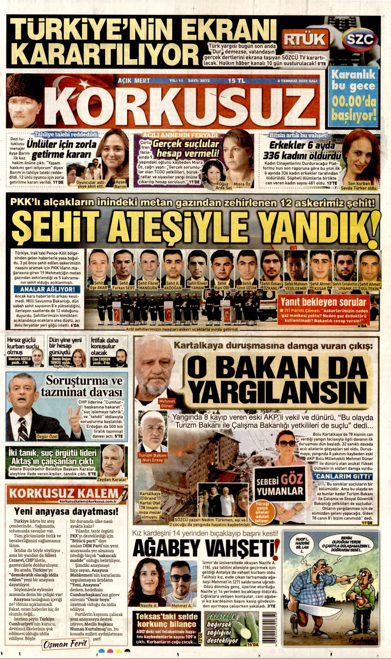 KORKUSUZ gazetesinin 8 Temmuz 2025 tarihli birinci sayfası