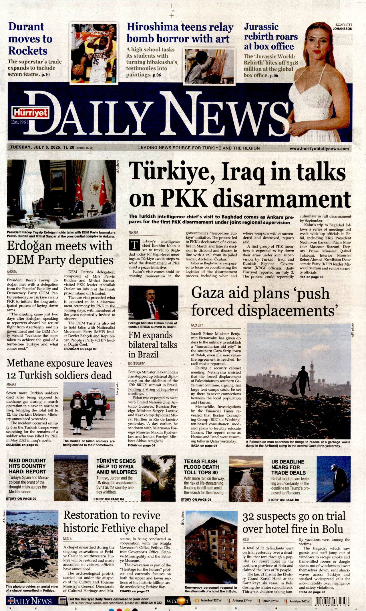 HÜRRİYET DAİLY NEWS gazetesinin 8 Temmuz 2025 tarihli birinci sayfası