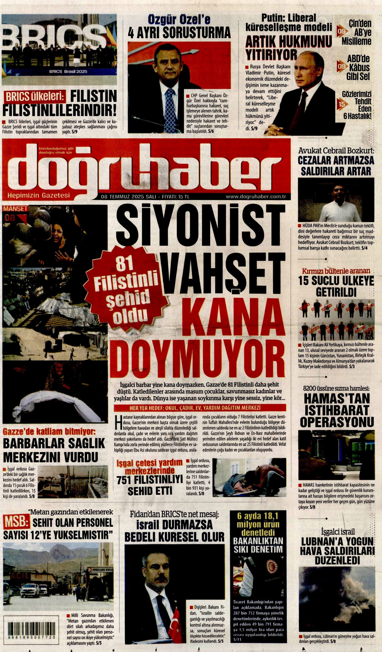 DOĞRU HABER gazetesinin 8 Temmuz 2025 tarihli birinci sayfası