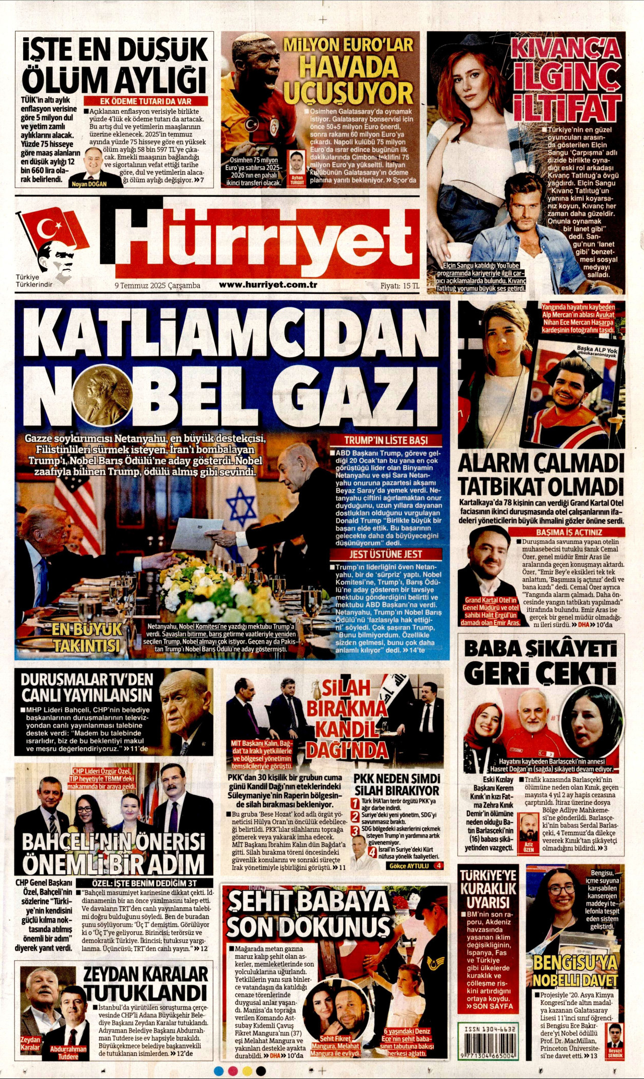 HÜRRİYET gazetesinin 9 Temmuz 2025 tarihli birinci sayfası